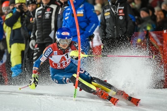 Mikaela Shiffrin of USA competes during first run of the FIS World Cup Ladies night Slalom race in Flachau,Austria on January 9, 2018.  / AFP PHOTO / APA AND EXPA / Erich SPIESS / Austria OUT        (Photo credit should read ERICH SPIESS/AFP/Getty Images)