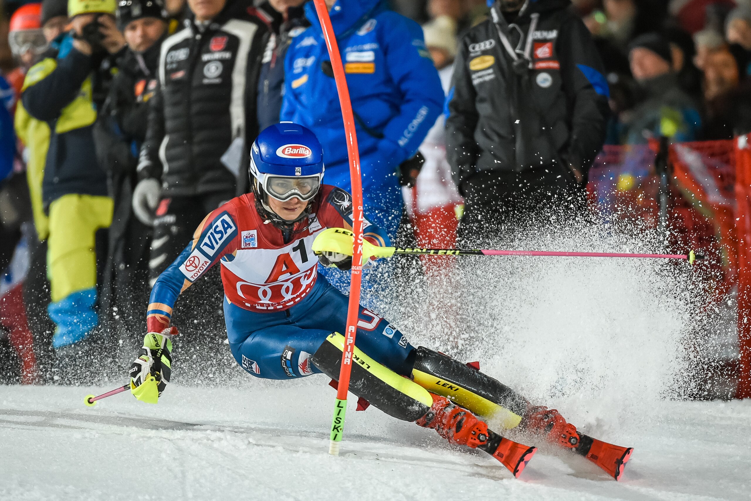 Mikaela Shiffrin of USA competes during first run of the FIS World Cup Ladies night Slalom race in Flachau,Austria on January 9, 2018.  / AFP PHOTO / APA AND EXPA / Erich SPIESS / Austria OUT        (Photo credit should read ERICH SPIESS/AFP/Getty Images)