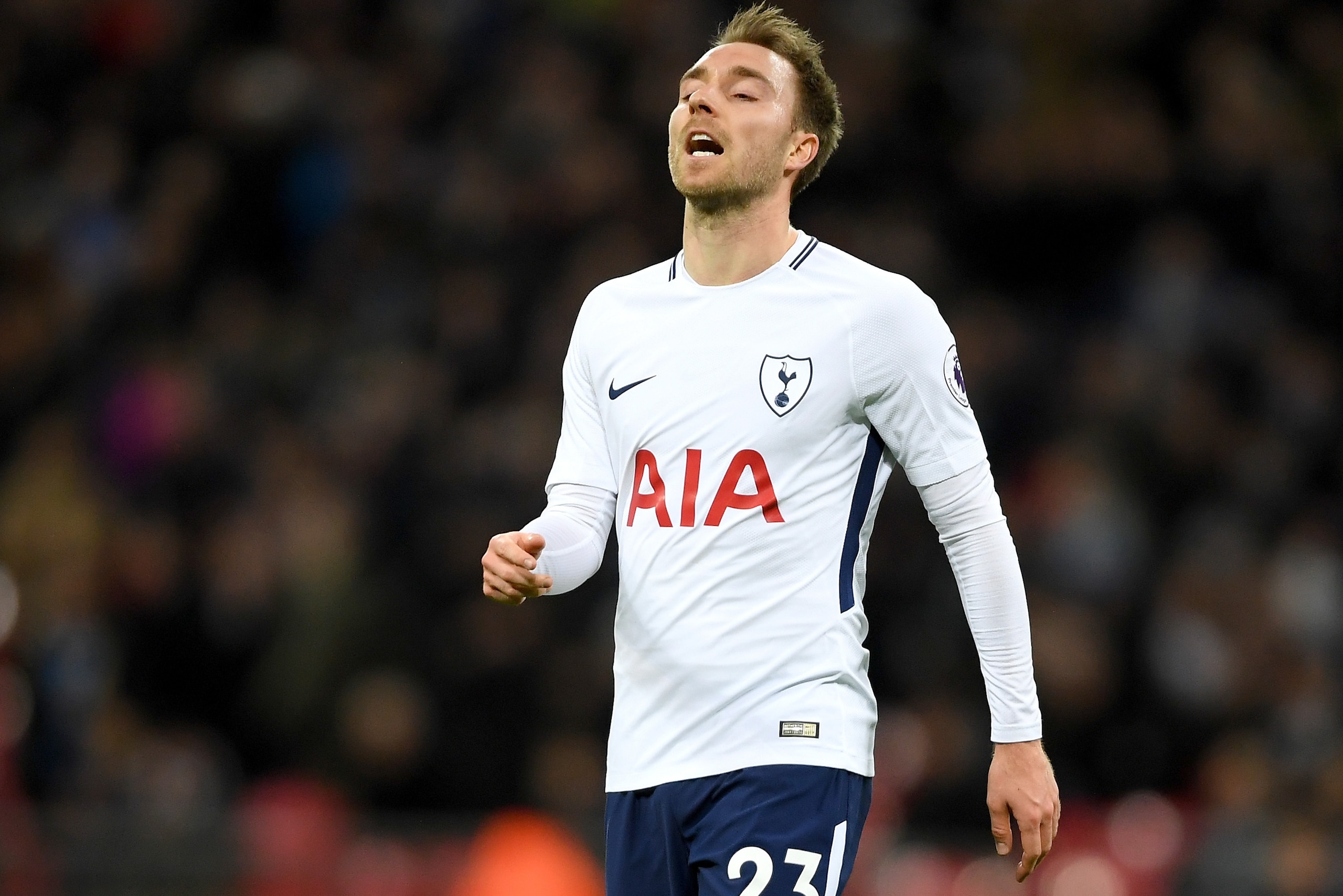 LONDON, ENGLAND - JANUARY 04:  Christian Eriksen of Tottenham Hotspur reacts during the Premier League match between Tottenham Hotspur and West Ham United at Wembley Stadium on January 4, 2018 in London, England.  (Photo by Mike Hewitt/Getty Images)