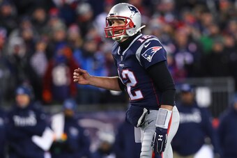 FOXBOROUGH, MA - JANUARY 13: Tom Brady #12 of the New England Patriots calls a play during the AFC Divisional Playoff game against the Tennessee Titans at Gillette Stadium on January 13, 2018 in Foxborough, Massachusetts. (Photo by Maddie Meyer/Getty Imag