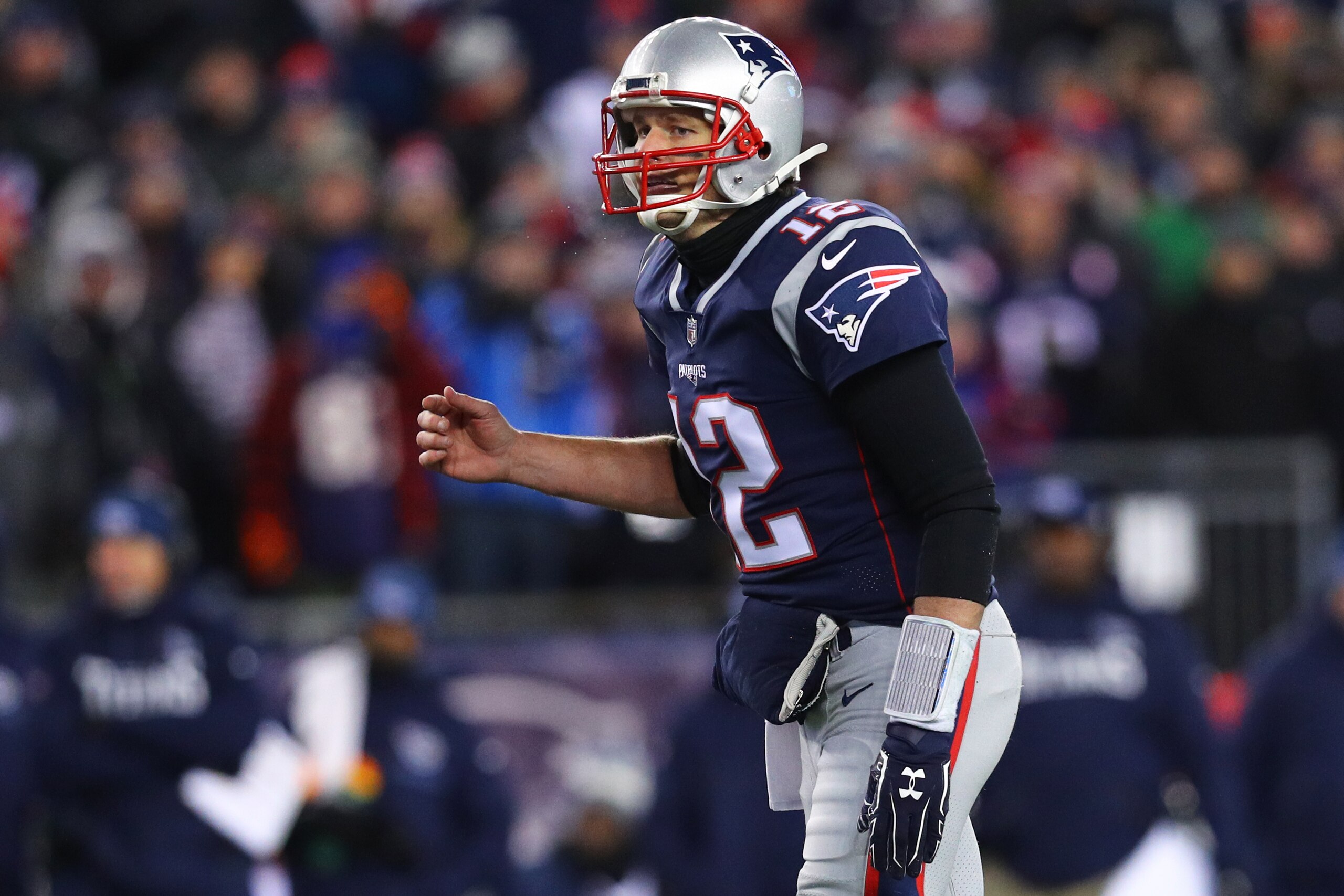 FOXBOROUGH, MA - JANUARY 13: Tom Brady #12 of the New England Patriots calls a play during the AFC Divisional Playoff game against the Tennessee Titans at Gillette Stadium on January 13, 2018 in Foxborough, Massachusetts. (Photo by Maddie Meyer/Getty Imag FOXBOROUGH, MA - JANUARY 13: Tom Brady #12 of the New England Patriots calls a play during the AFC Divisional Playoff game against the Tennessee Titans at Gillette Stadium on January 13, 2018 in Foxborough, Massachusetts. (Photo by Maddie Meyer/Getty Imag