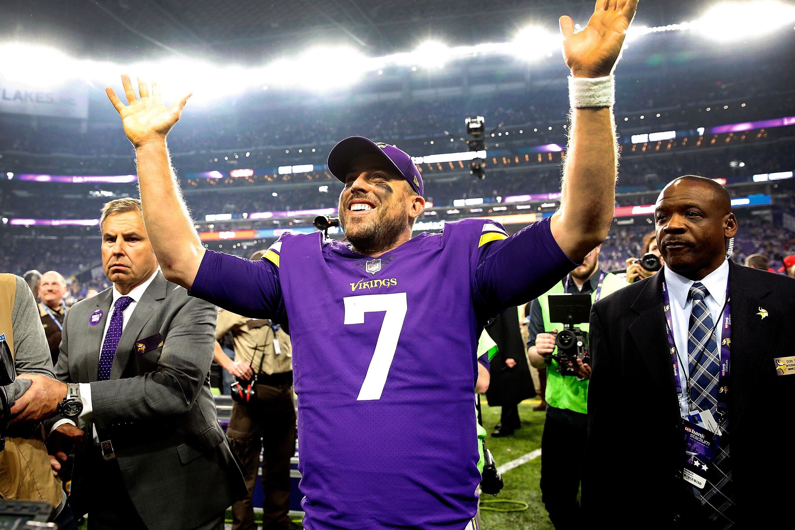 MINNEAPOLIS, MN - JANUARY 14:  Quarterback Case Keenum #7 of the Minnesota Vikings celebrates as he walks off the field after the Vikings defeated the New Orleans Saints 29-24 to win the NFC divisional round playoff game at U.S. Bank Stadium on January 14