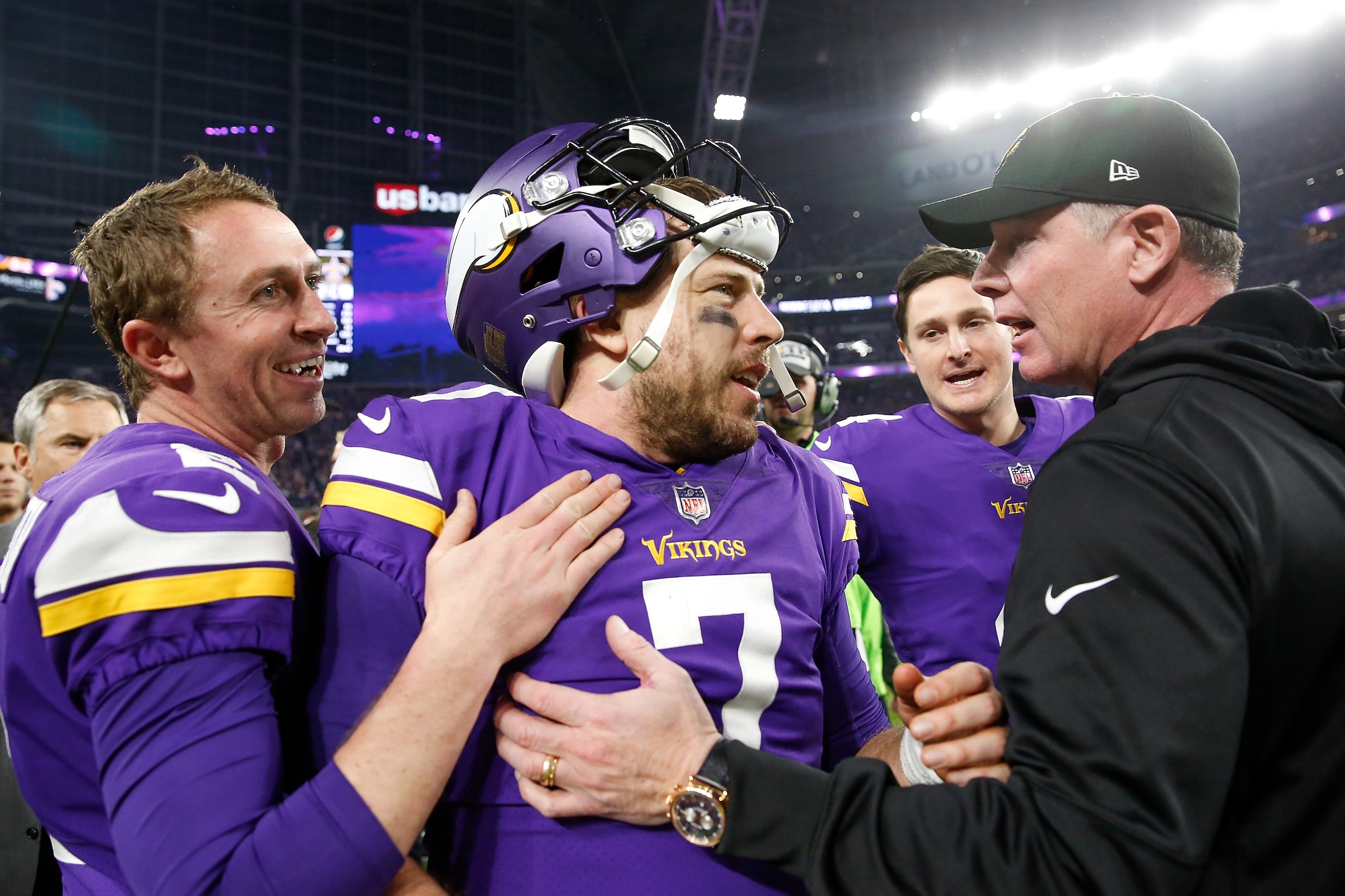 MINNEAPOLIS, MN - JANUARY 14:  Case Keenum #7 of the Minnesota Vikings celebrates after defeating the New Orleans Saints in the NFC Divisional Playoff game at U.S. Bank Stadium on January 14, 2018 in Minneapolis, Minnesota.  (Photo by Jamie Squire/Getty I