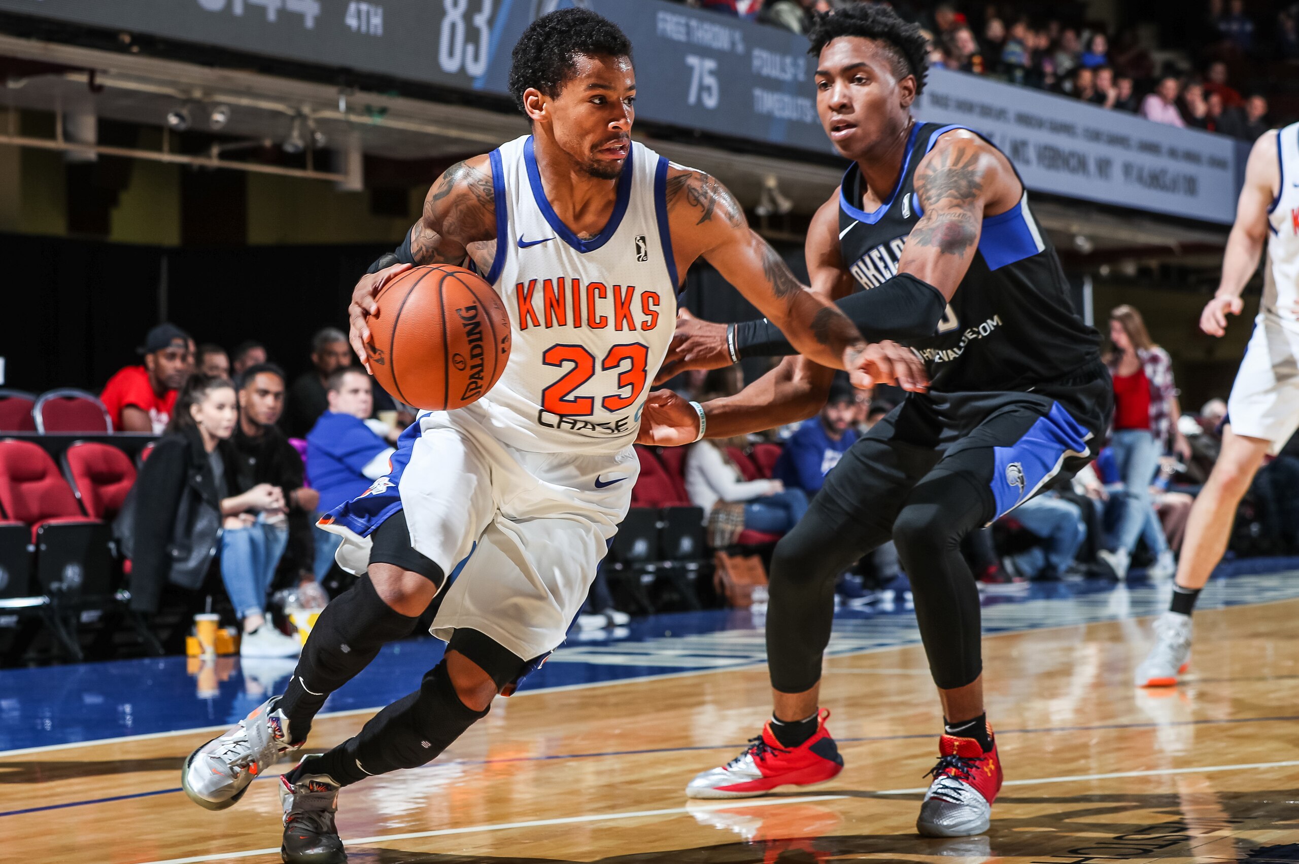 WESTCHESTER, NY - NOVEMBER 19: Trey Burke #23 of the Westchester Knicks drives to the basket against the Lakeland Magic during an NBA G-League game on November 19, 2017 at Westchester County Center in Westchester, New York. NOTE TO USER: User expressly ac