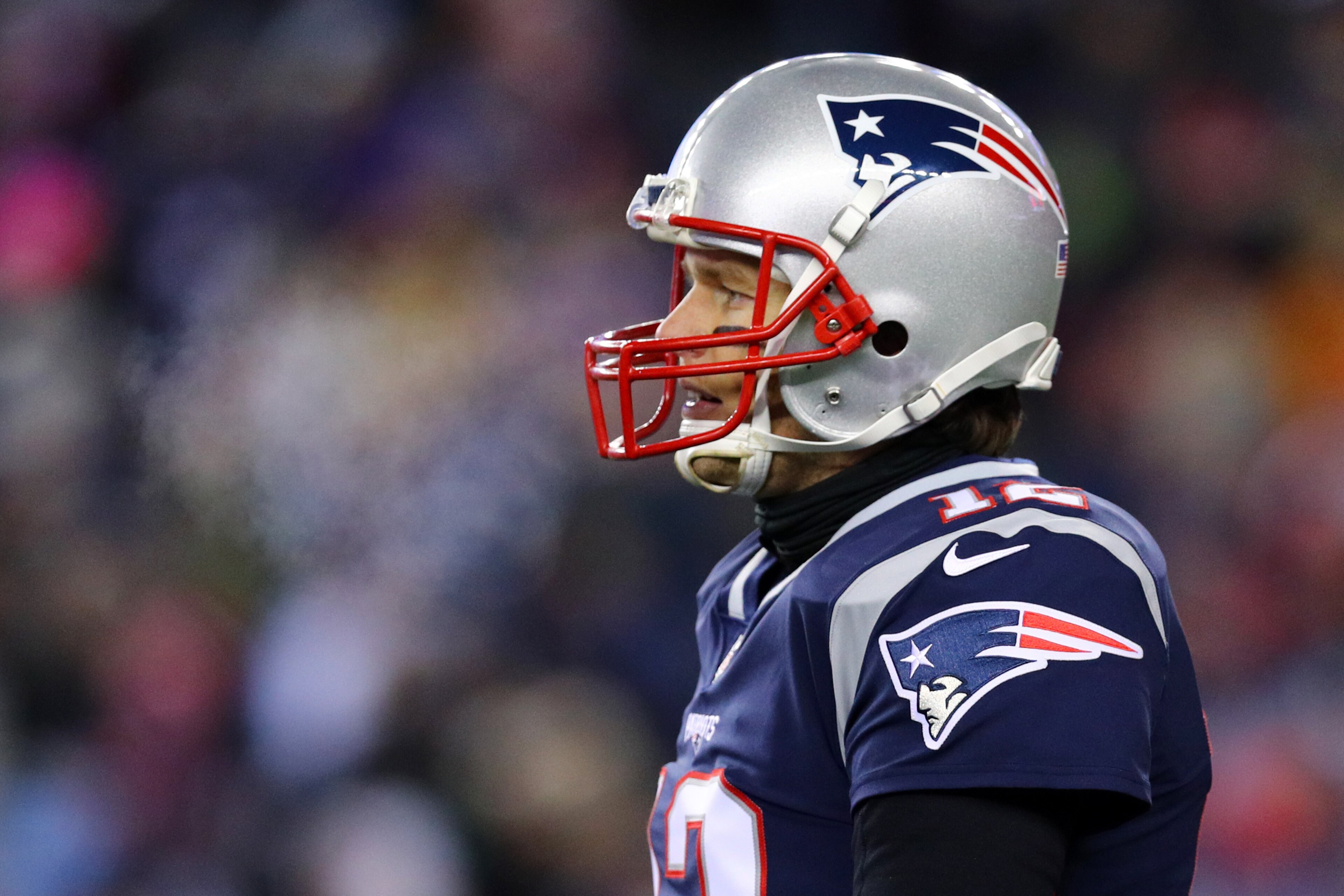 FOXBOROUGH, MA - JANUARY 13: Tom Brady #12 of the New England Patriots looks on during the AFC Divisional Playoff game against the Tennessee Titans at Gillette Stadium on January 13, 2018 in Foxborough, Massachusetts. (Photo by Maddie Meyer/Getty Images)