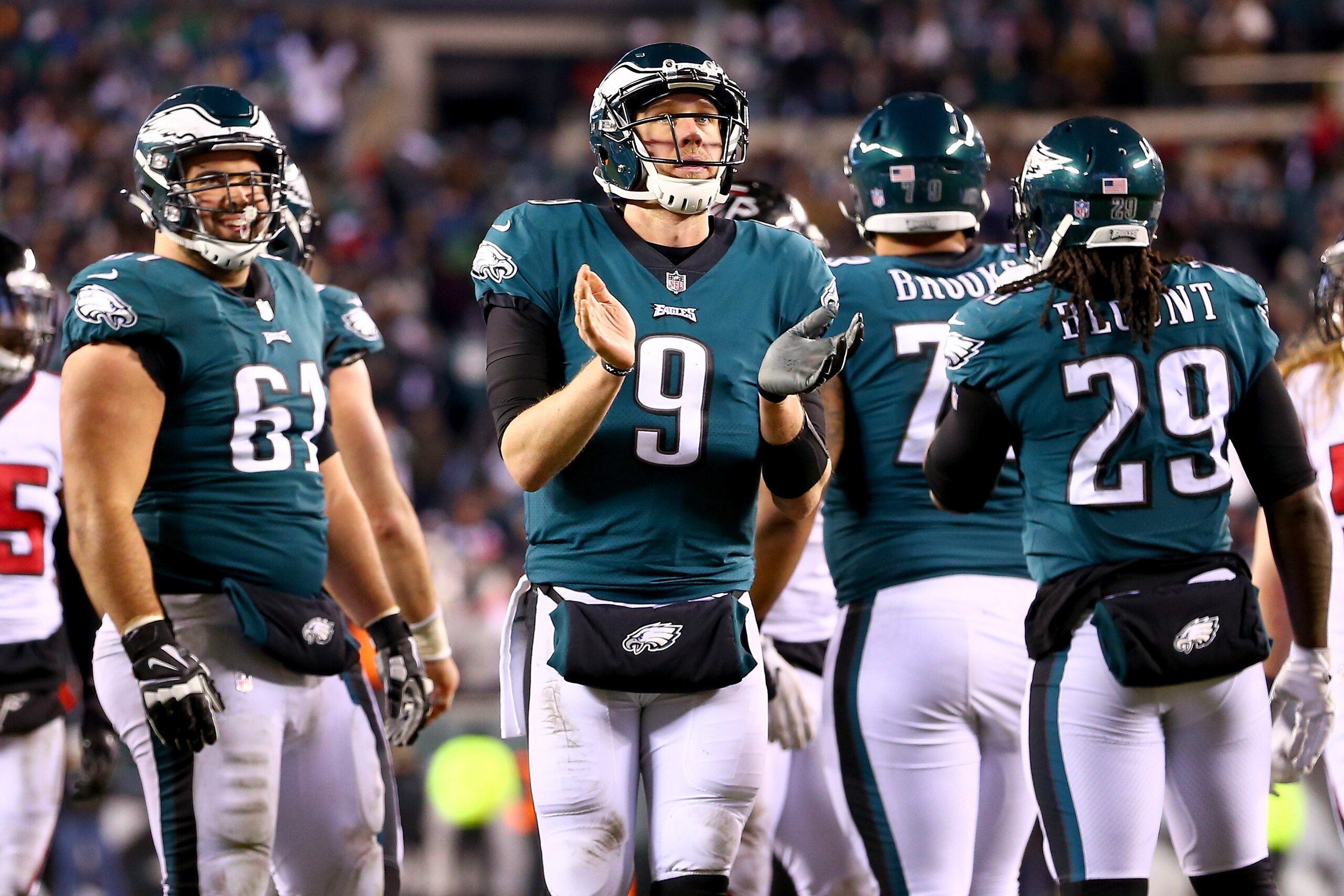 PHILADELPHIA, PA - JANUARY 13: Quarterback Nick Foles #9 of the Philadelphia Eagles reacts to their 15-10 win over the Atlanta Falcons in the NFC Divisional Playoff game at Lincoln Financial Field on January 13, 2018 in Philadelphia, Pennsylvania.  (Photo