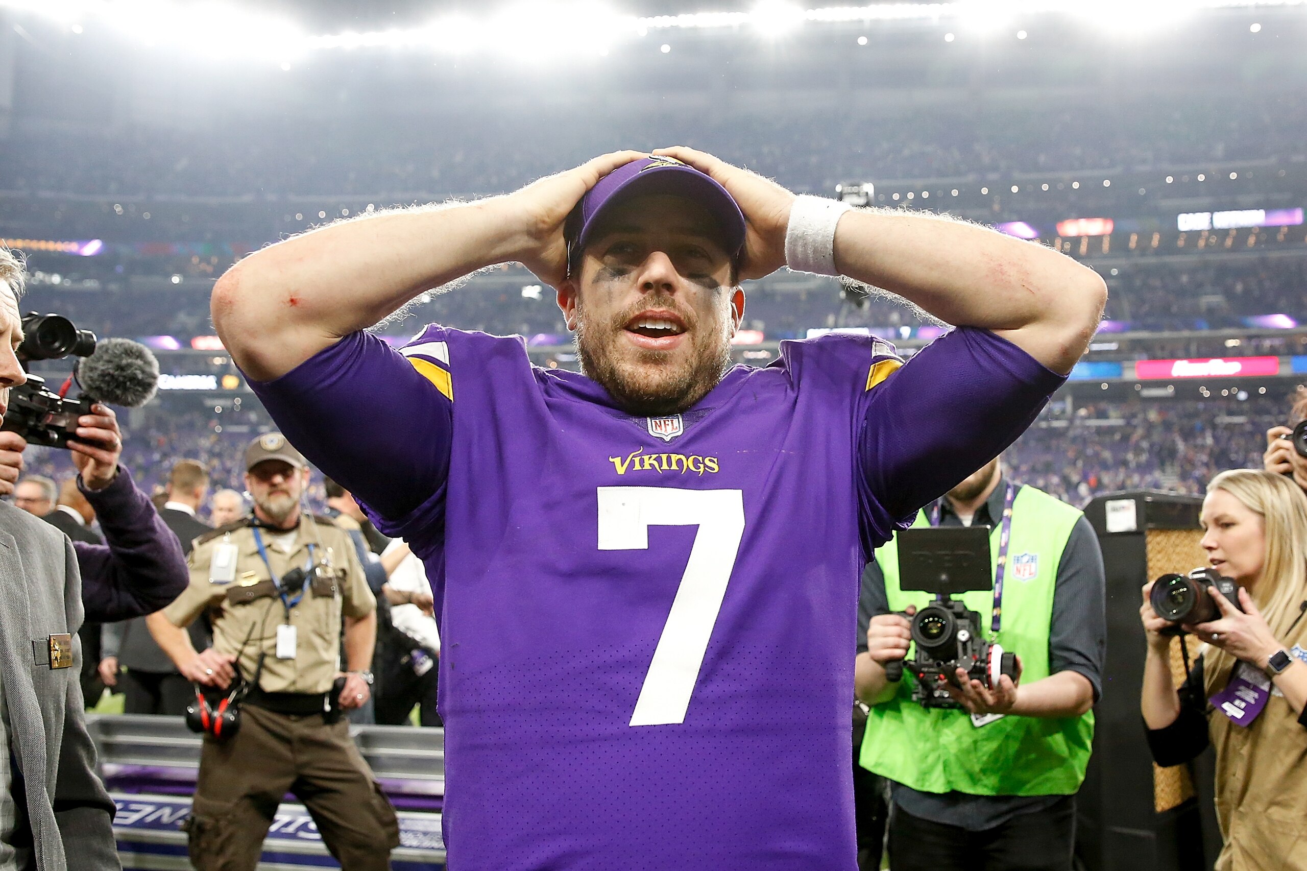 MINNEAPOLIS, MN - JANUARY 14:  Case Keenum #7 of the Minnesota Vikings celebrates after defeating the New Orleans Saints in the NFC Divisional Playoff game at U.S. Bank Stadium on January 14, 2018 in Minneapolis, Minnesota.  (Photo by Jamie Squire/Getty I
