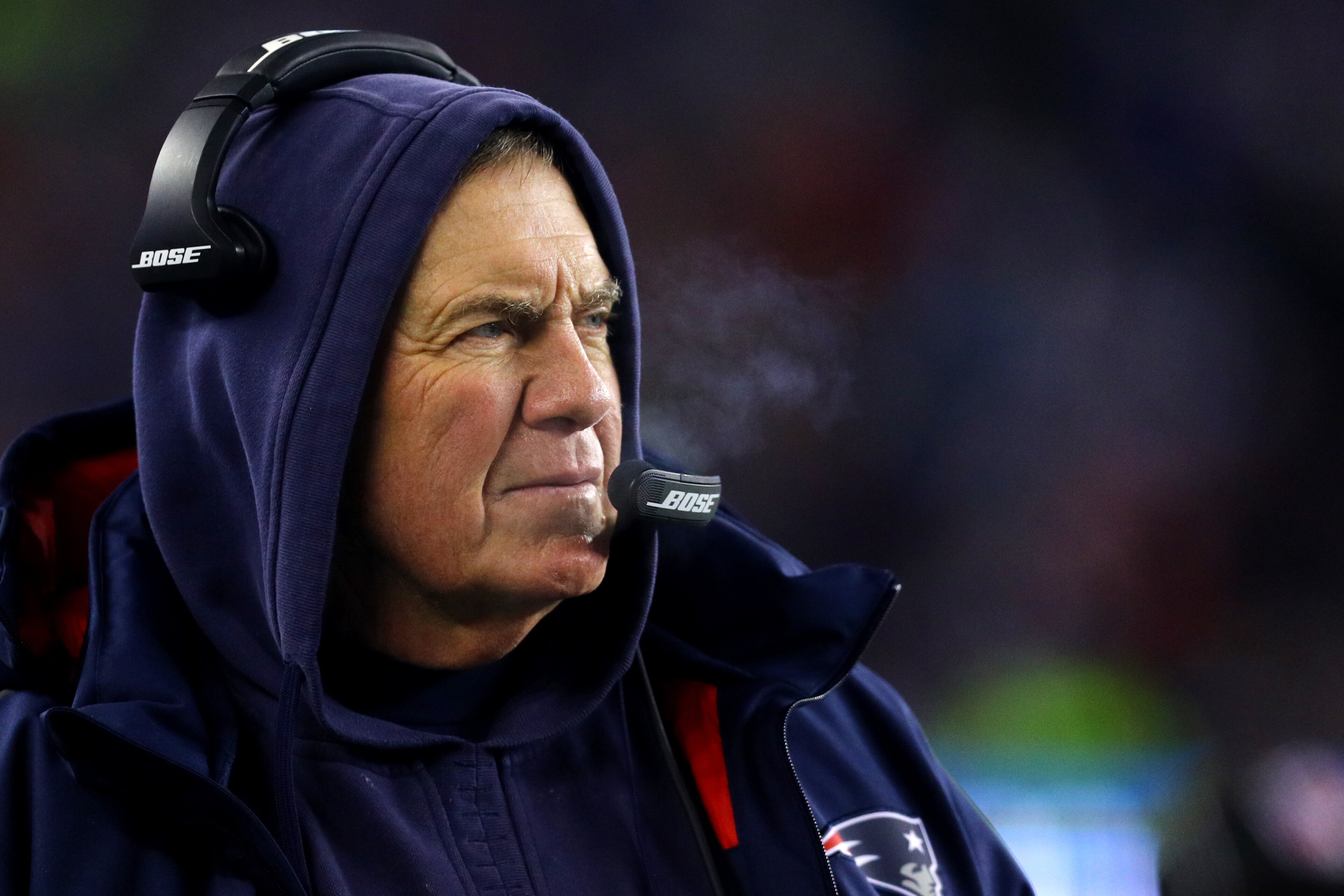 FOXBOROUGH, MA - JANUARY 13: Head coach Bill Belichick of the New England Patriots looks on during the AFC Divisional Playoff game against the Tennessee Titans at Gillette Stadium on January 13, 2018 in Foxborough, Massachusetts. (Photo by Maddie Meyer/Ge
