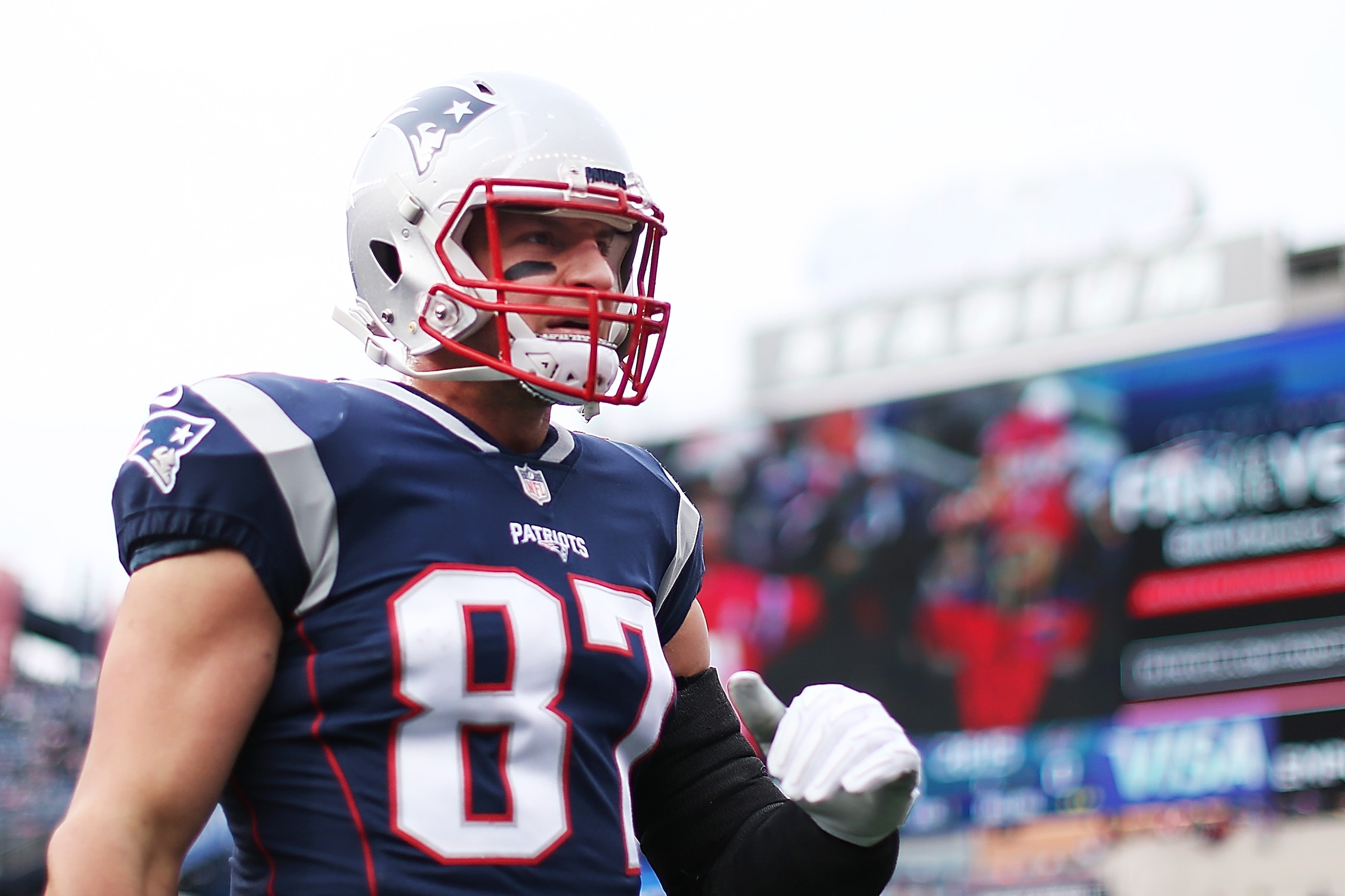 FOXBORO, MA - DECEMBER 24: Rob Gronkowski #87 of the New England Patriots looks on before a game against the Buffalo Bills at Gillette Stadium on December 24, 2017 in Foxboro, Massachusetts. (Photo by Adam Glanzman/Getty Images)
