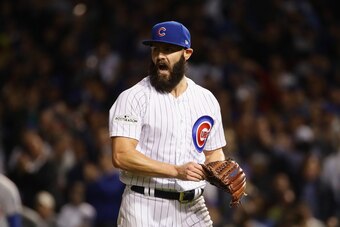 CHICAGO, IL - OCTOBER 18:  Jake Arrieta #49 of the Chicago Cubs reacts in the middle of the sixth inning against the Los Angeles Dodgers during game four of the National League Championship Series at Wrigley Field on October 18, 2017 in Chicago, Illinois.