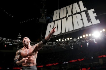 Batista celebrates his 2014 Royal Rumble win.