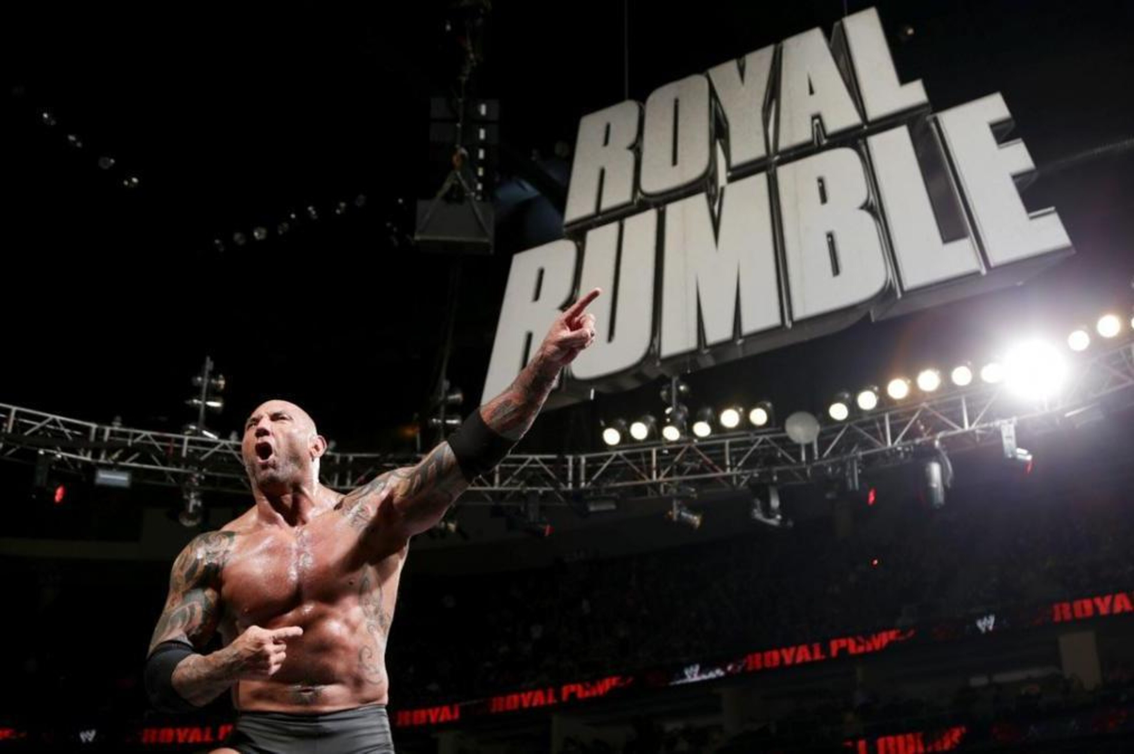 Batista celebrates his 2014 Royal Rumble win.