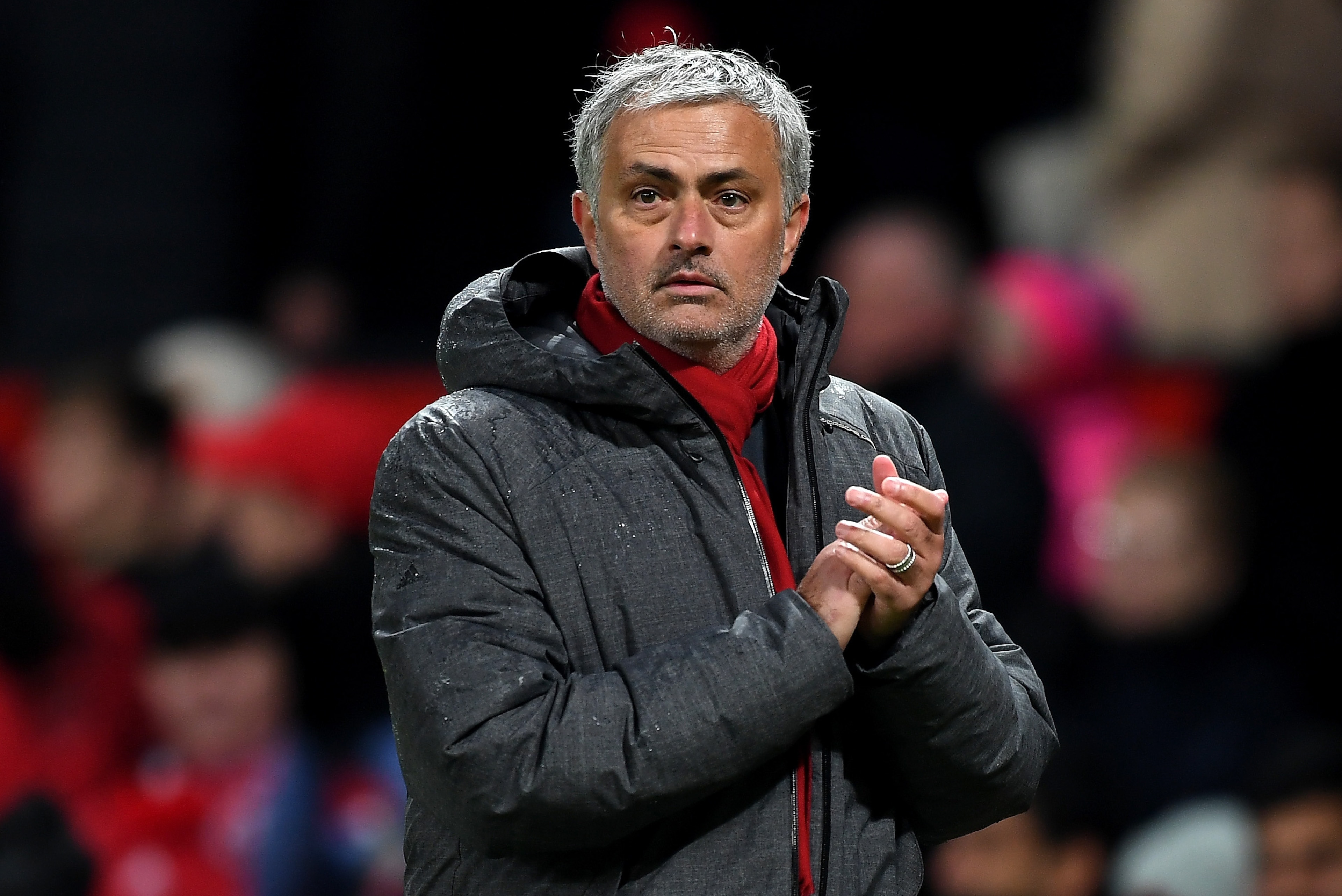 MANCHESTER, ENGLAND - JANUARY 15:  Jose Mourinho, Manager of Manchester United reacts after the full time whistle in the Premier League match between Manchester United and Stoke City at Old Trafford on January 15, 2018 in Manchester, England.  (Photo by M