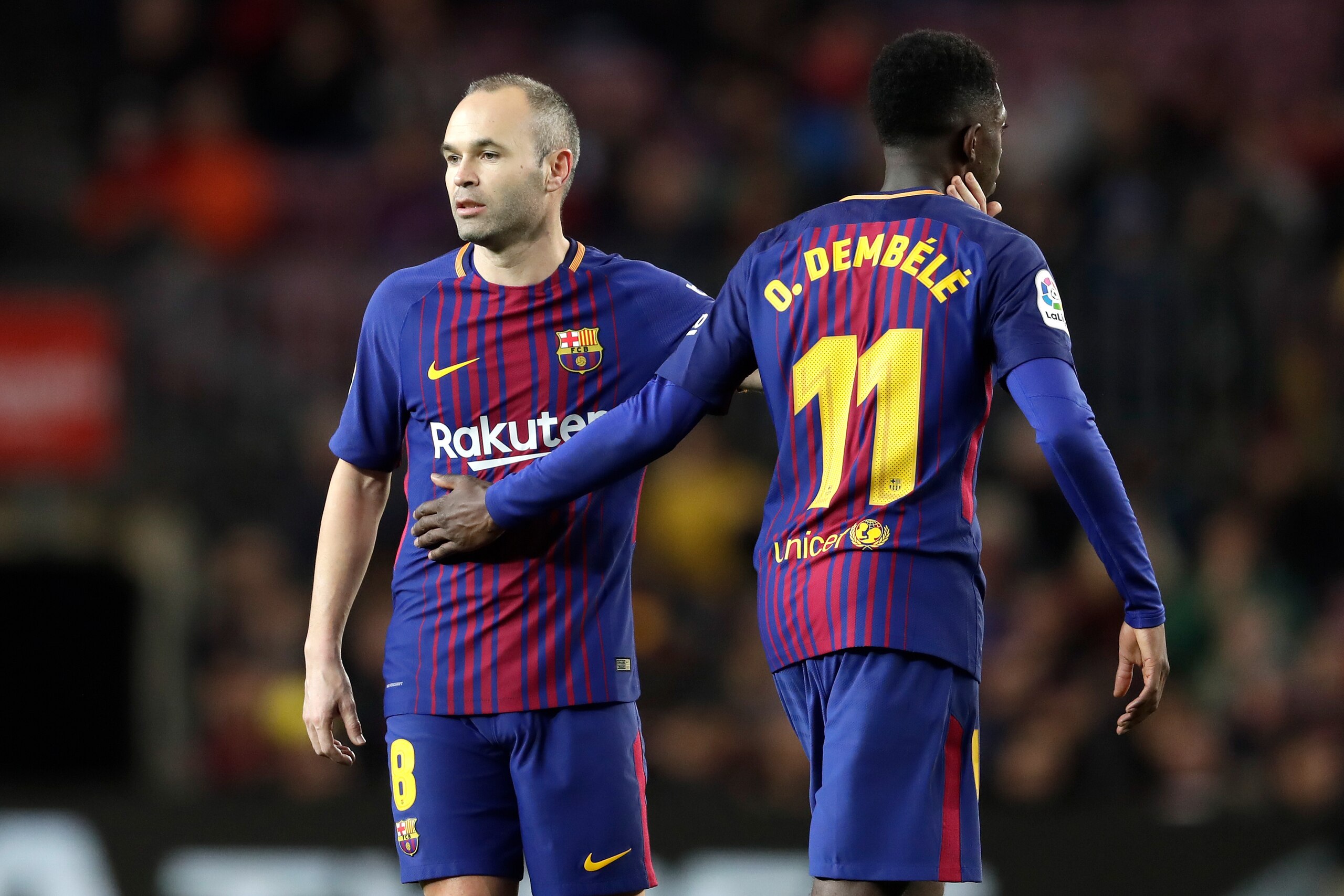 BARCELONA, SPAIN - JANUARY 7: (L-R) Andries Iniesta of FC Barcelona, Ousmane Dembele of FC Barcelona during the La Liga Santander match between FC Barcelona v Levante at the Camp Nou on January 7, 2018 in Barcelona Spain (Photo by Laurens Lindhout/Soccr BARCELONA, SPAIN - JANUARY 7: (L-R) Andries Iniesta of FC Barcelona, Ousmane Dembele of FC Barcelona during the La Liga Santander match between FC Barcelona v Levante at the Camp Nou on January 7, 2018 in Barcelona Spain (Photo by Laurens Lindhout/Soccr