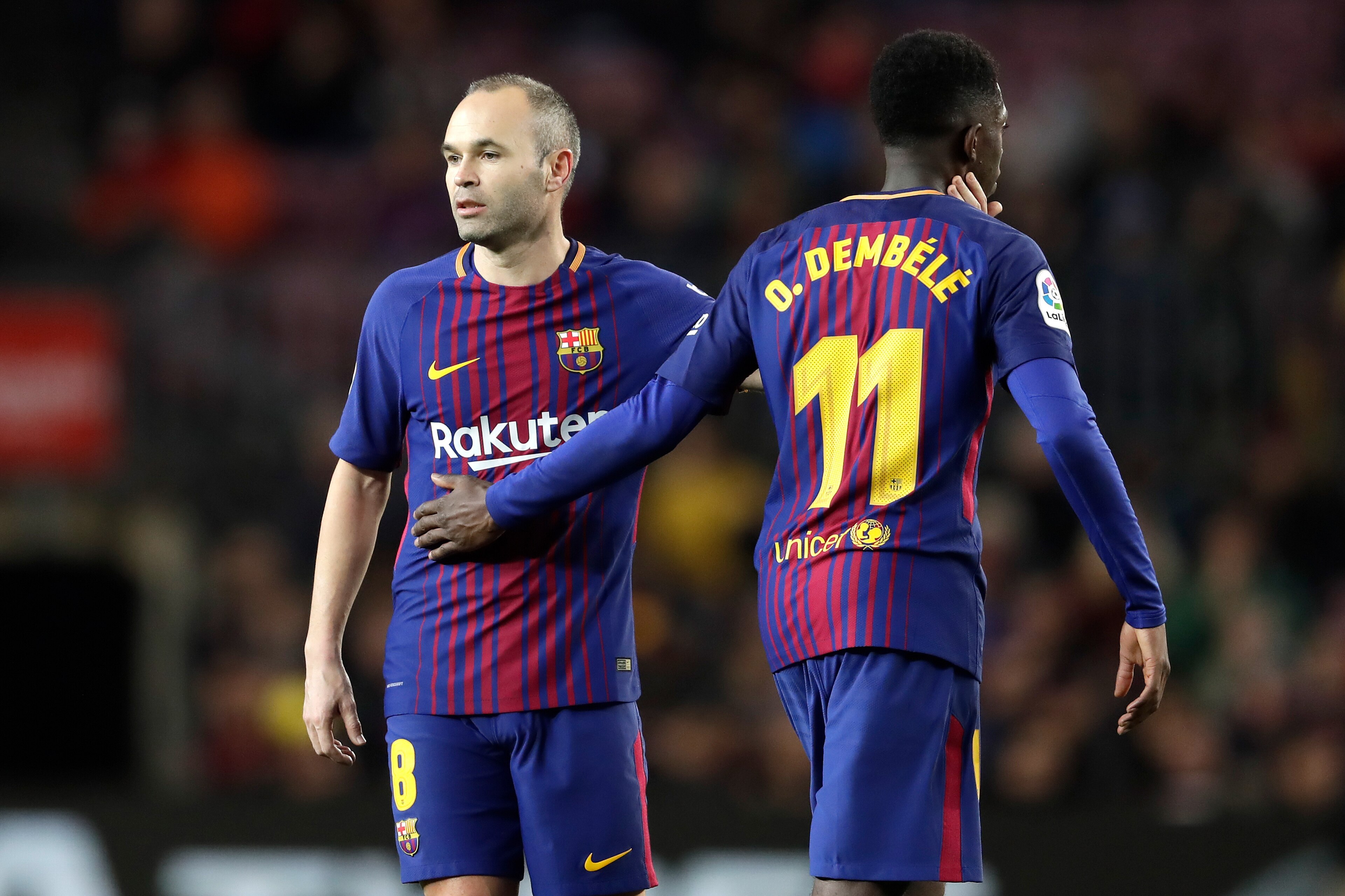 BARCELONA, SPAIN - JANUARY 7: (L-R) Andries Iniesta of FC Barcelona, Ousmane Dembele of FC Barcelona  during the La Liga Santander  match between FC Barcelona v Levante at the Camp Nou on January 7, 2018 in Barcelona Spain (Photo by Laurens Lindhout/Soccr
