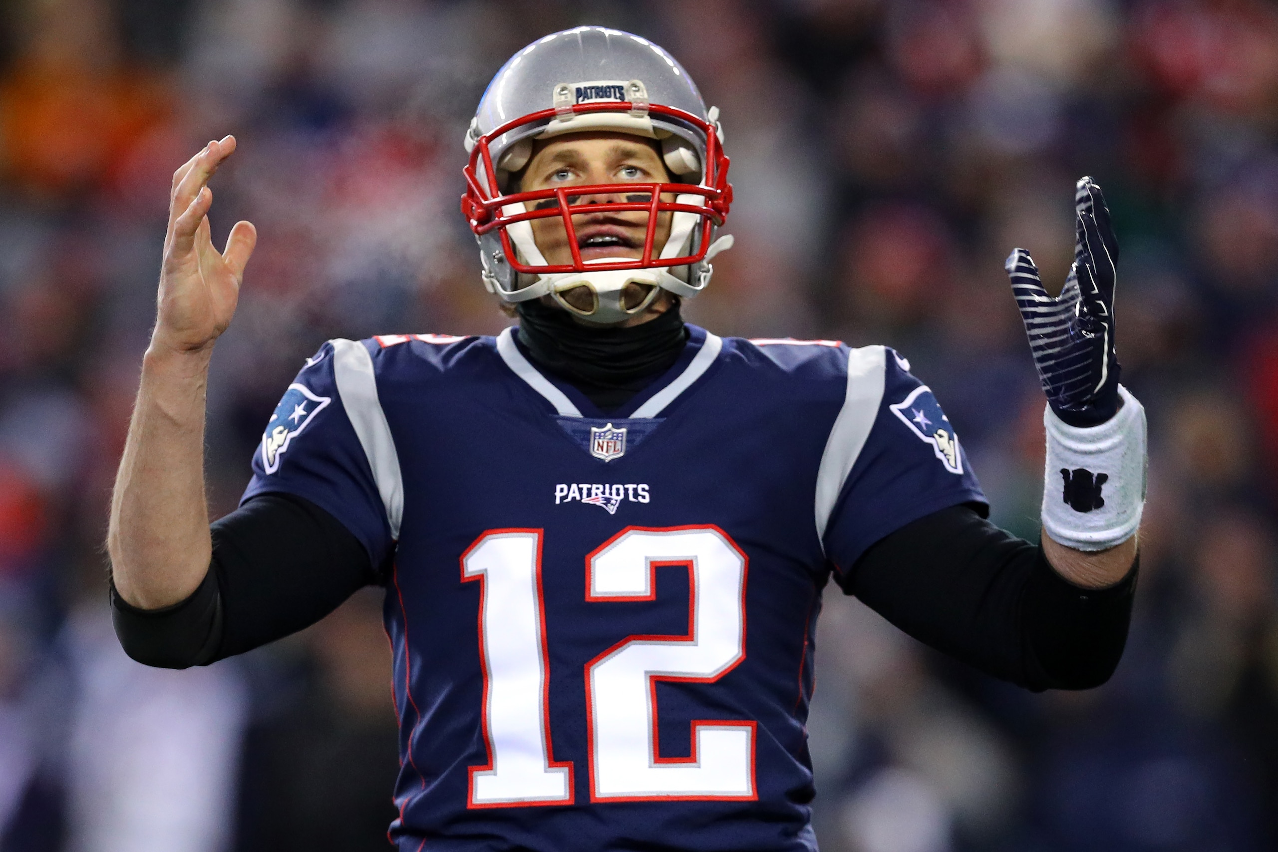 FOXBOROUGH, MA - JANUARY 13: Tom Brady #12 of the New England Patriots reacts during the AFC Divisional Playoff game against the Tennessee Titans at Gillette Stadium on January 13, 2018 in Foxborough, Massachusetts. (Photo by Maddie Meyer/Getty Images) FOXBOROUGH, MA - JANUARY 13: Tom Brady #12 of the New England Patriots reacts during the AFC Divisional Playoff game against the Tennessee Titans at Gillette Stadium on January 13, 2018 in Foxborough, Massachusetts. (Photo by Maddie Meyer/Getty Images)