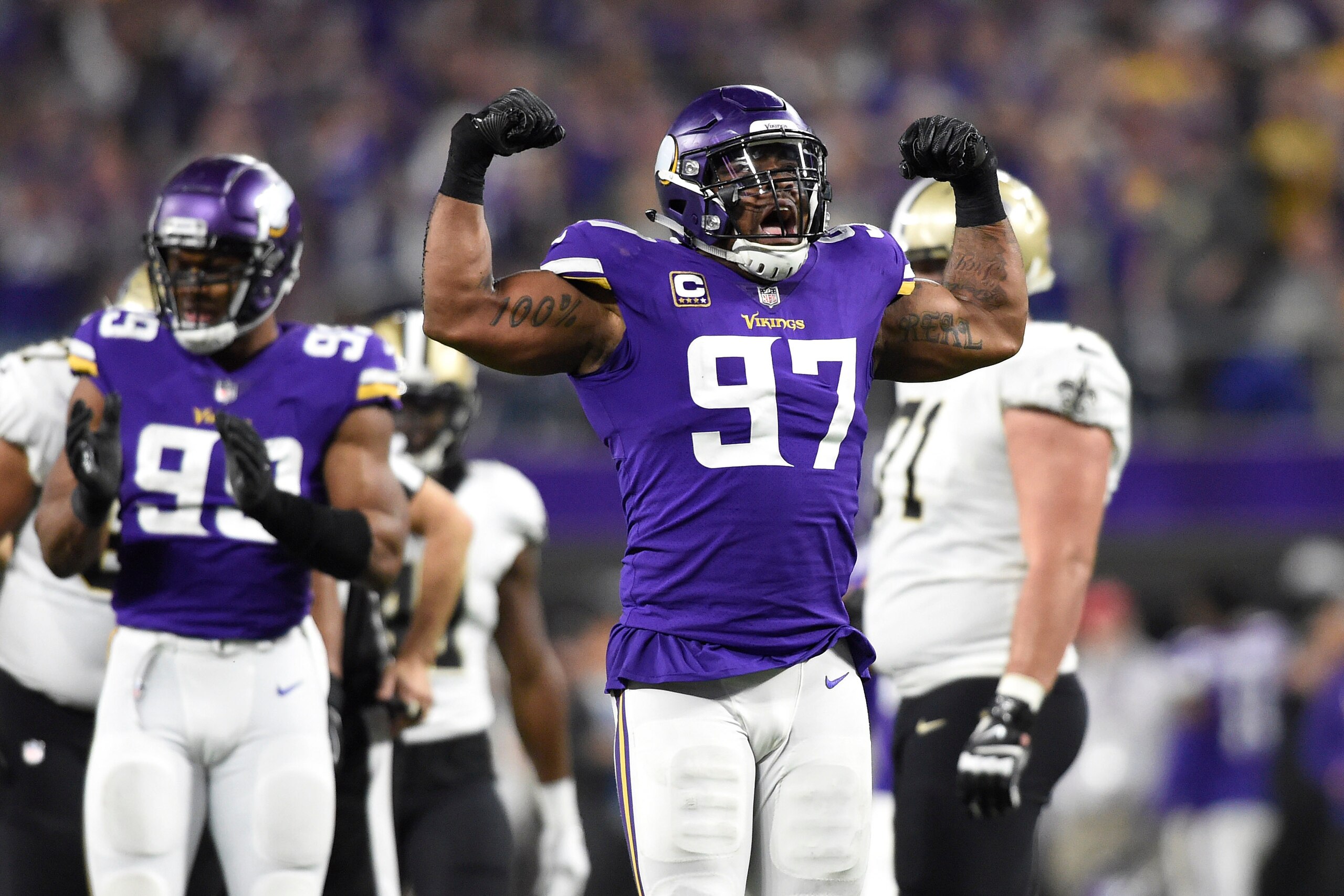 MINNEAPOLIS, MN - JANUARY 14: Everson Griffen #97 of the Minnesota Vikings celebrates after sacking Drew Brees #9 of the New Orleans Saints in the second quarter of the NFC Divisional Playoff game on January 14, 2018 at U.S. Bank Stadium in Minneapolis, M MINNEAPOLIS, MN - JANUARY 14: Everson Griffen #97 of the Minnesota Vikings celebrates after sacking Drew Brees #9 of the New Orleans Saints in the second quarter of the NFC Divisional Playoff game on January 14, 2018 at U.S. Bank Stadium in Minneapolis, M