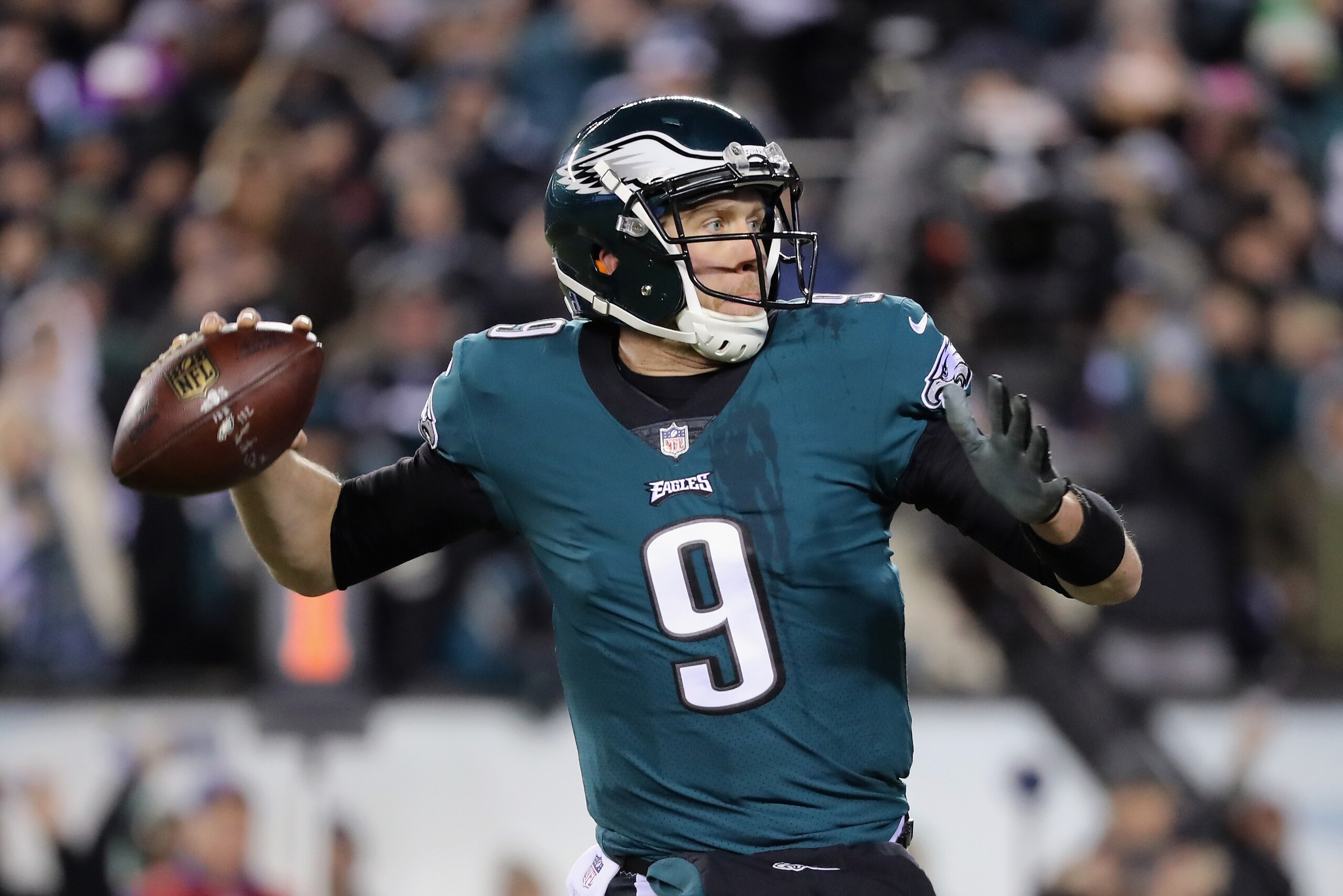 PHILADELPHIA, PA - JANUARY 13: Quarterback Nick Foles #9 of the Philadelphia Eagles looks to pass against the Atlanta Falcons during the first half in the NFC Divisional Playoff game at Lincoln Financial Field on January 13, 2018 in Philadelphia, Pennsylv PHILADELPHIA, PA - JANUARY 13: Quarterback Nick Foles #9 of the Philadelphia Eagles looks to pass against the Atlanta Falcons during the first half in the NFC Divisional Playoff game at Lincoln Financial Field on January 13, 2018 in Philadelphia, Pennsylv