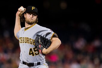 WASHINGTON, DC - SEPTEMBER 29: Starting pitcher Gerrit Cole #45 of the Pittsburgh Pirates throws a pitch in the first inning against the Washington Nationals at Nationals Park on September 29, 2017 in Washington, DC. (Photo by Patrick McDermott/Getty Imag
