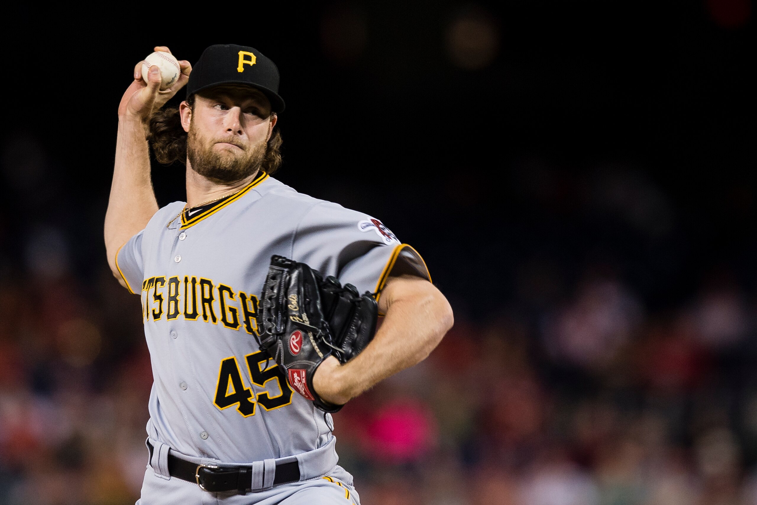 WASHINGTON, DC - SEPTEMBER 29: Starting pitcher Gerrit Cole #45 of the Pittsburgh Pirates throws a pitch in the first inning against the Washington Nationals at Nationals Park on September 29, 2017 in Washington, DC. (Photo by Patrick McDermott/Getty Imag