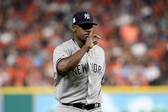 HOUSTON, TX - OCTOBER 20:  Luis Severino #40 of the New York Yankees reacts after a pitch to Alex Bregman #2 of the Houston Astros during the second inning in Game Six of the American League Championship Series at Minute Maid Park on October 20, 2017 in H