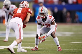 INDIANAPOLIS, IN - DECEMBER 02: Denzel Ward #12 of the Ohio State Buckeyes in action against the Wisconsin Badgers during the Big Ten Championship at Lucas Oil Stadium on December 2, 2017 in Indianapolis, Indiana. (Photo by Joe Robbins/Getty Images)