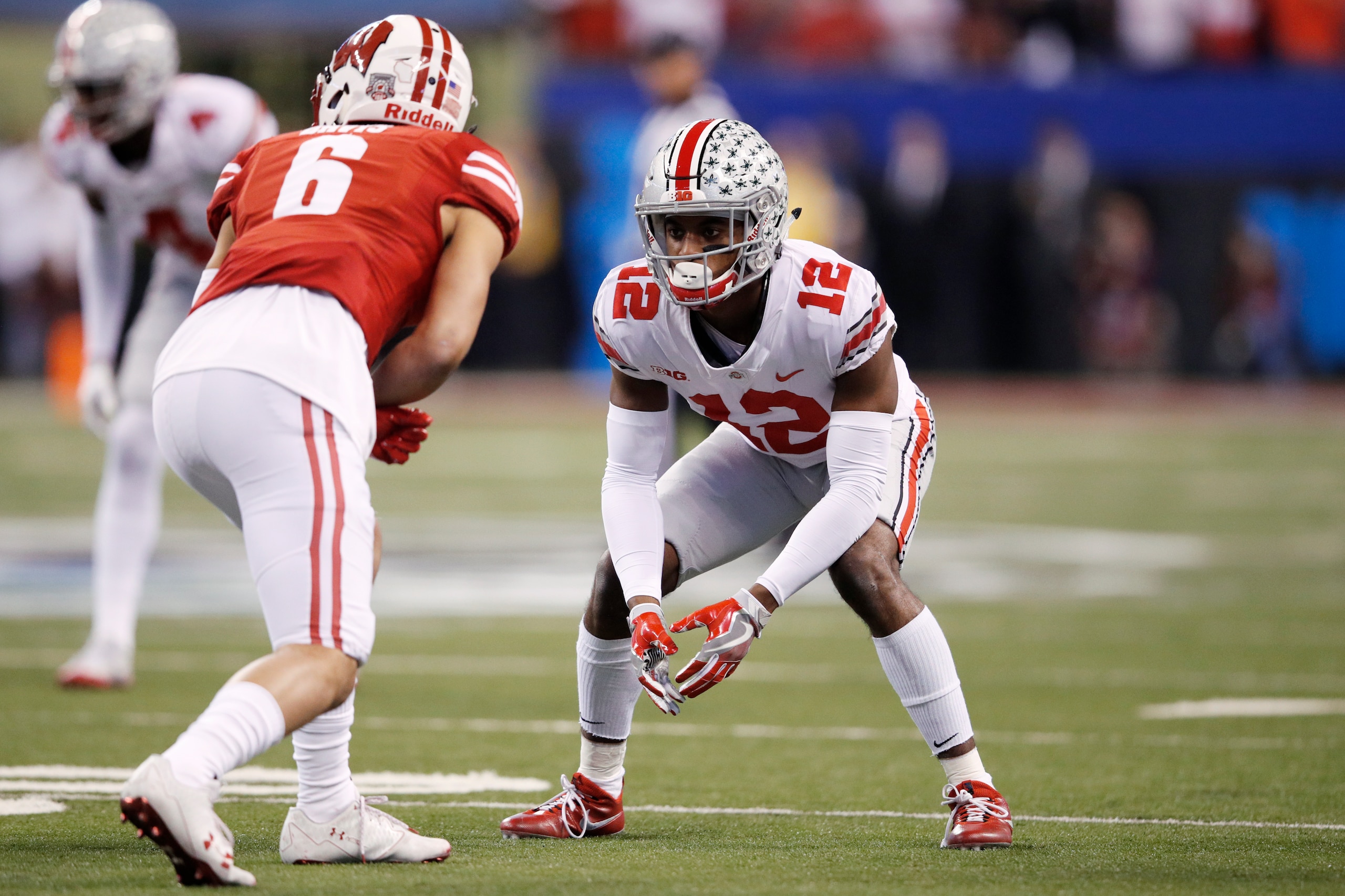 INDIANAPOLIS, IN - DECEMBER 02: Denzel Ward #12 of the Ohio State Buckeyes in action against the Wisconsin Badgers during the Big Ten Championship at Lucas Oil Stadium on December 2, 2017 in Indianapolis, Indiana. (Photo by Joe Robbins/Getty Images)