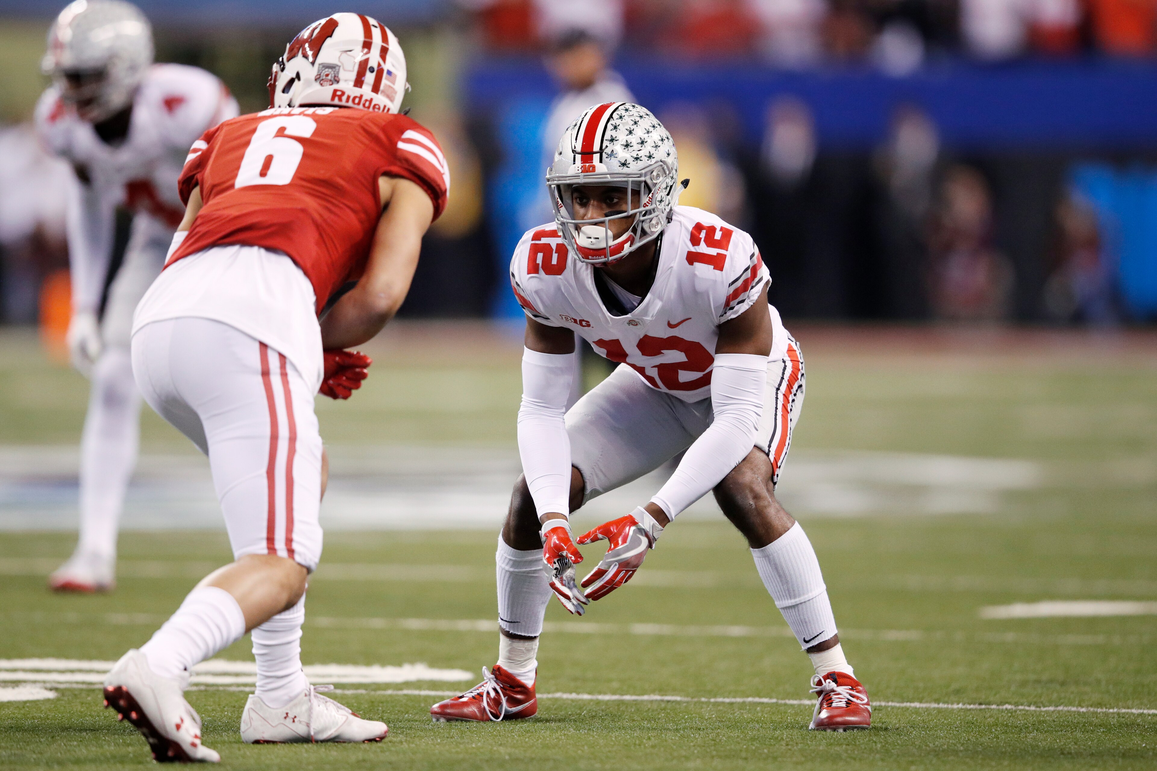 INDIANAPOLIS, IN - DECEMBER 02: Denzel Ward #12 of the Ohio State Buckeyes in action against the Wisconsin Badgers during the Big Ten Championship at Lucas Oil Stadium on December 2, 2017 in Indianapolis, Indiana. (Photo by Joe Robbins/Getty Images)