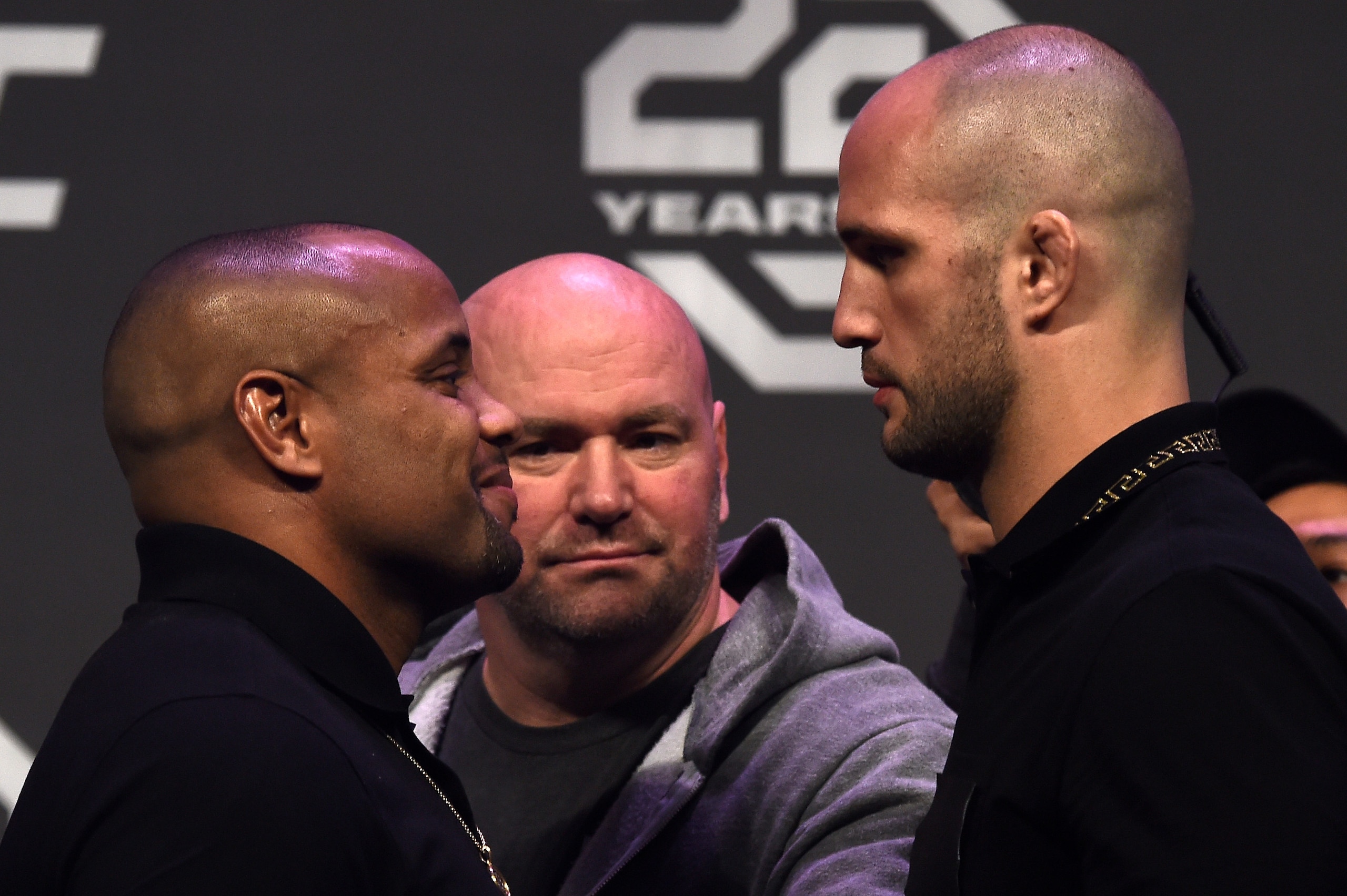 LAS VEGAS, NV - DECEMBER 29:  (L-R) Opponents Daniel Cormier and Volkan Oezdemir face off during the UFC 220 press conference inside T-Mobile Arena on December 29, 2017 in Las Vegas, Nevada. (Photo by Jeff Bottari/Zuffa LLC/Zuffa LLC via Getty Images)
