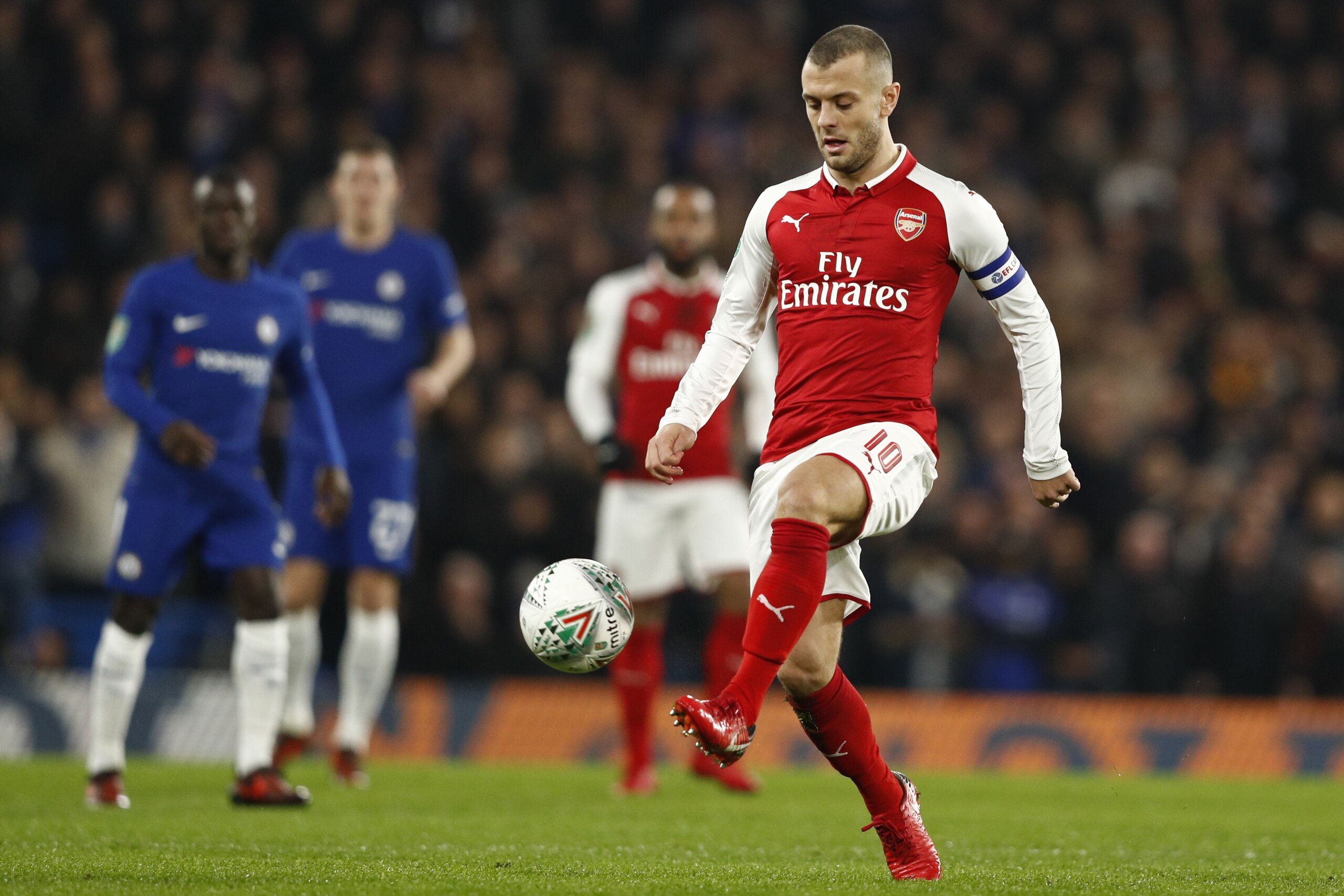 Arsenal's English midfielder Jack Wilshere controls the ball during the English League Cup semi-final first leg football match between Chelsea and Arsenal at Stamford Bridge in London on January 10, 2018. / AFP PHOTO / Adrian DENNIS / RESTRICTED TO EDITOR Arsenal's English midfielder Jack Wilshere controls the ball during the English League Cup semi-final first leg football match between Chelsea and Arsenal at Stamford Bridge in London on January 10, 2018. / AFP PHOTO / Adrian DENNIS / RESTRICTED TO EDITOR