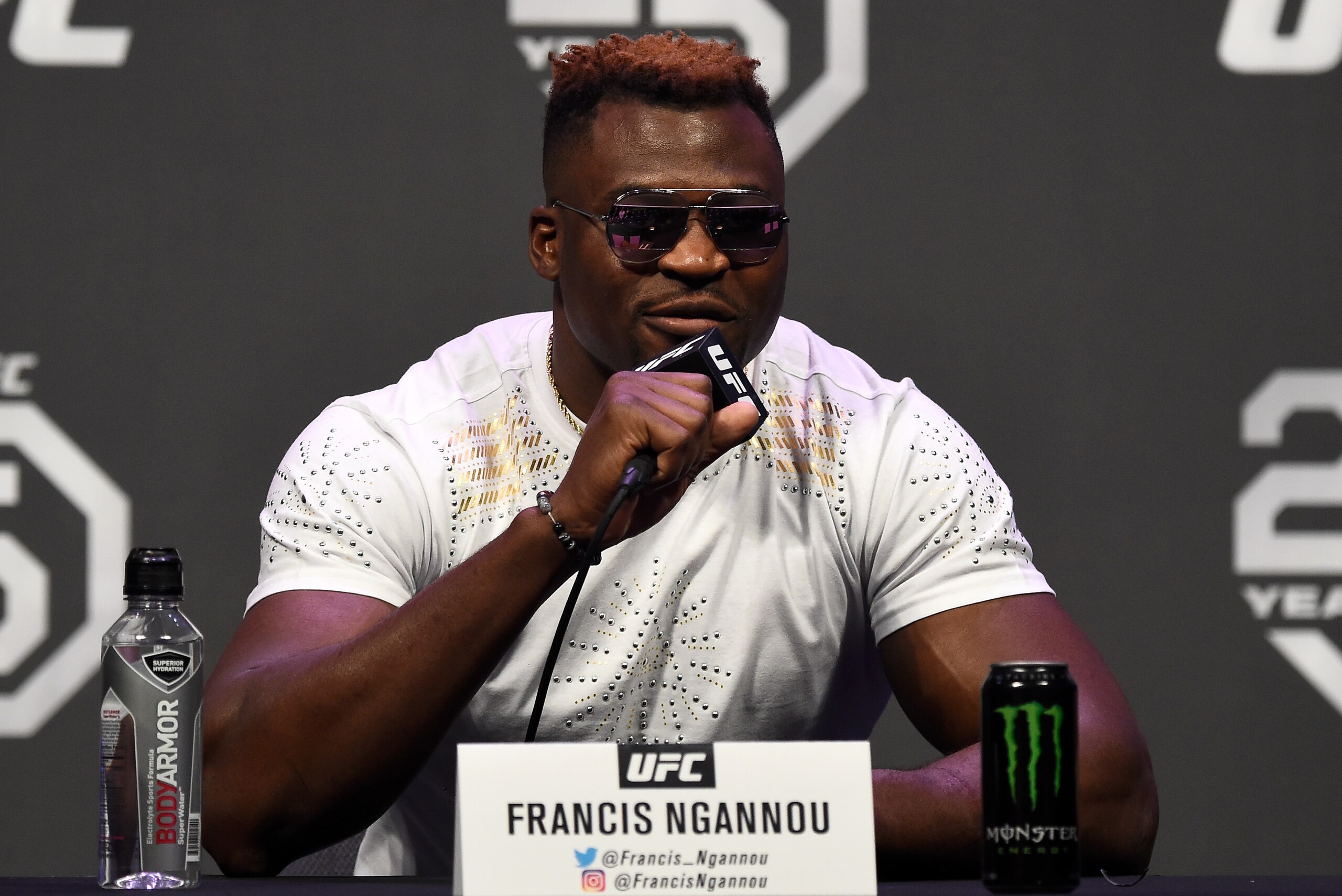 LAS VEGAS, NV - DECEMBER 29:  Heavyweight title challenger Francis Ngannou interacts with media during the UFC 220 press conference inside T-Mobile Arena on December 29, 2017 in Las Vegas, Nevada. (Photo by Jeff Bottari/Zuffa LLC/Zuffa LLC via Getty Image