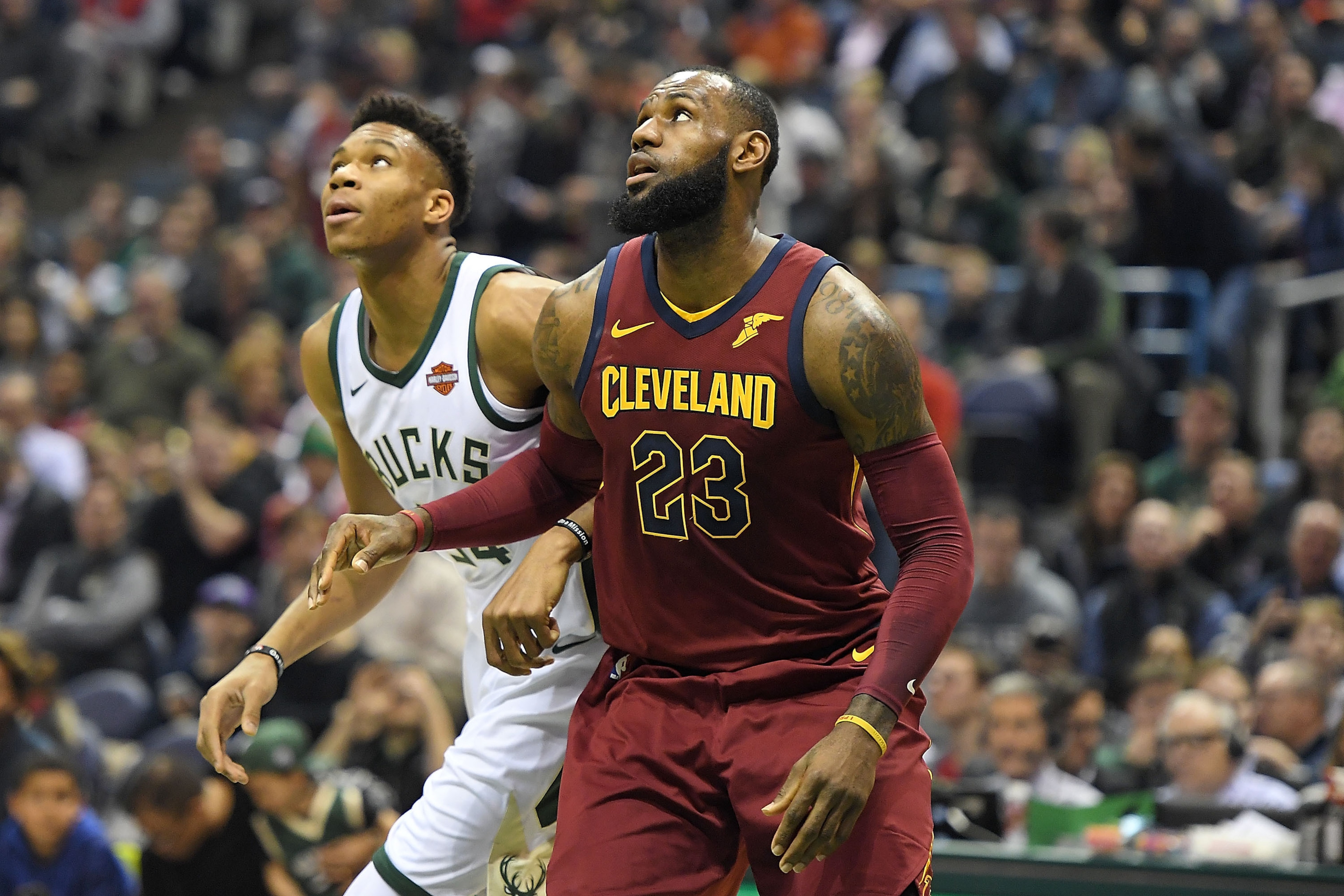 MILWAUKEE, WI - DECEMBER 19:  LeBron James #23 of the Cleveland Cavaliers works against Giannis Antetokounmpo #34 of the Milwaukee Bucks during a game at the Bradley Center on December 19, 2017 in Milwaukee, Wisconsin.  NOTE TO USER: User expressly acknow