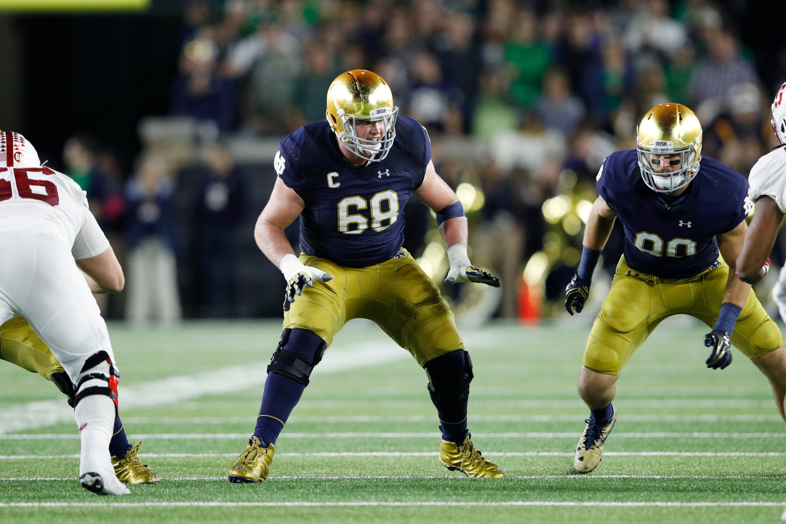 SOUTH BEND, IN - OCTOBER 15: Mike McGlinchey #68 of the Notre Dame Fighting Irish blocks against the Stanford Cardinal during the game at Notre Dame Stadium on October 15, 2016 in South Bend, Indiana. (Photo by Joe Robbins/Getty Images)