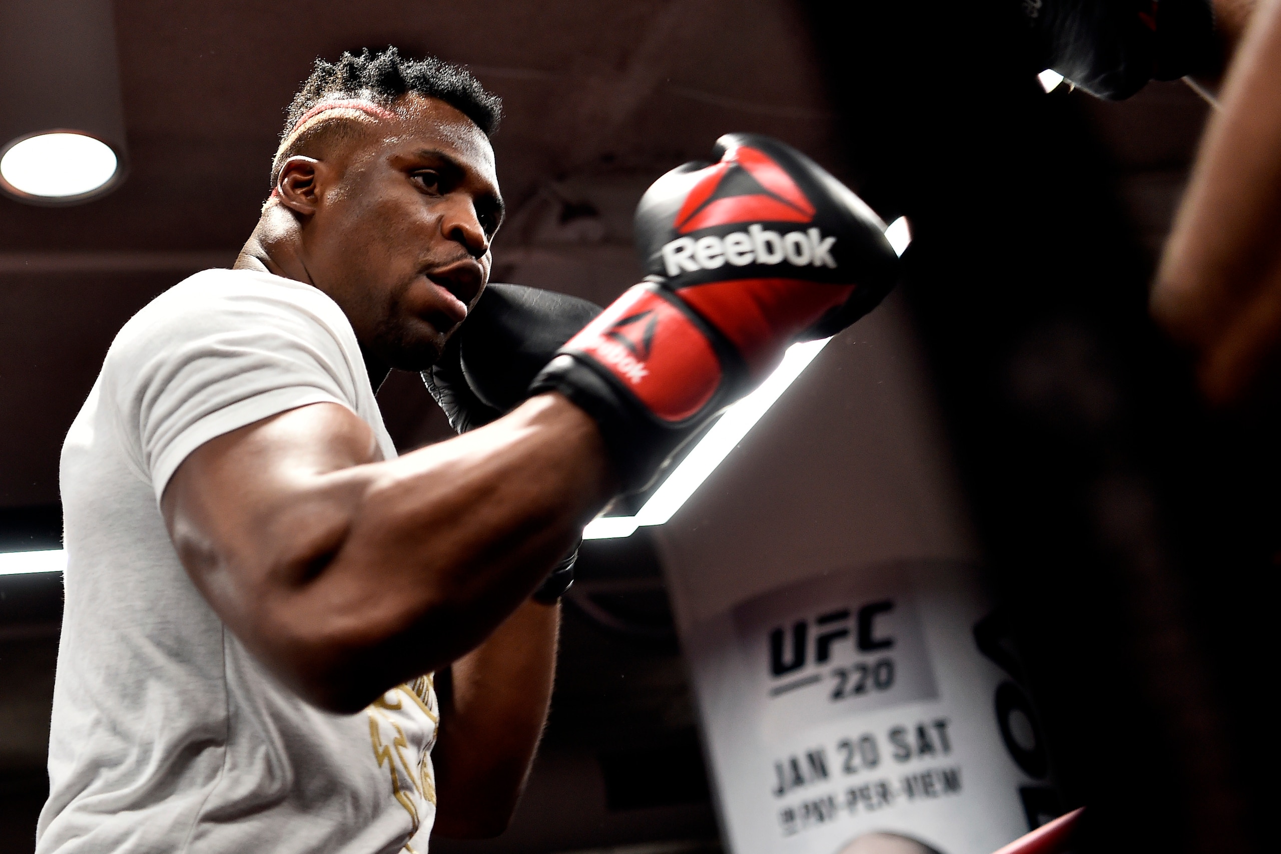 BOSTON, MA - JANUARY 17:  Francis Ngannou of Cameroon holds an open workout session for fans and media at Reebok Headquarters on January 17, 2018 in Boston, Massachusetts. (Photo by Jeff Bottari/Zuffa LLC/Zuffa LLC via Getty Images)