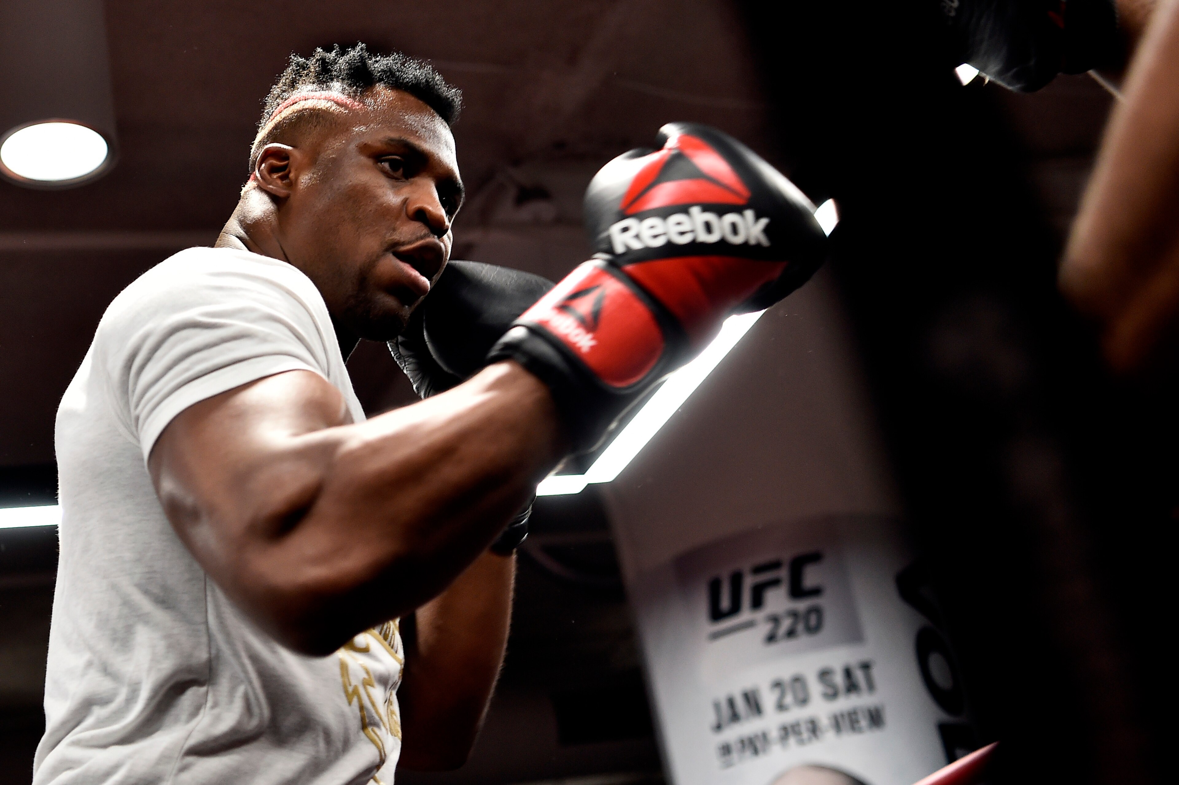 BOSTON, MA - JANUARY 17:  Francis Ngannou of Cameroon holds an open workout session for fans and media at Reebok Headquarters on January 17, 2018 in Boston, Massachusetts. (Photo by Jeff Bottari/Zuffa LLC/Zuffa LLC via Getty Images)