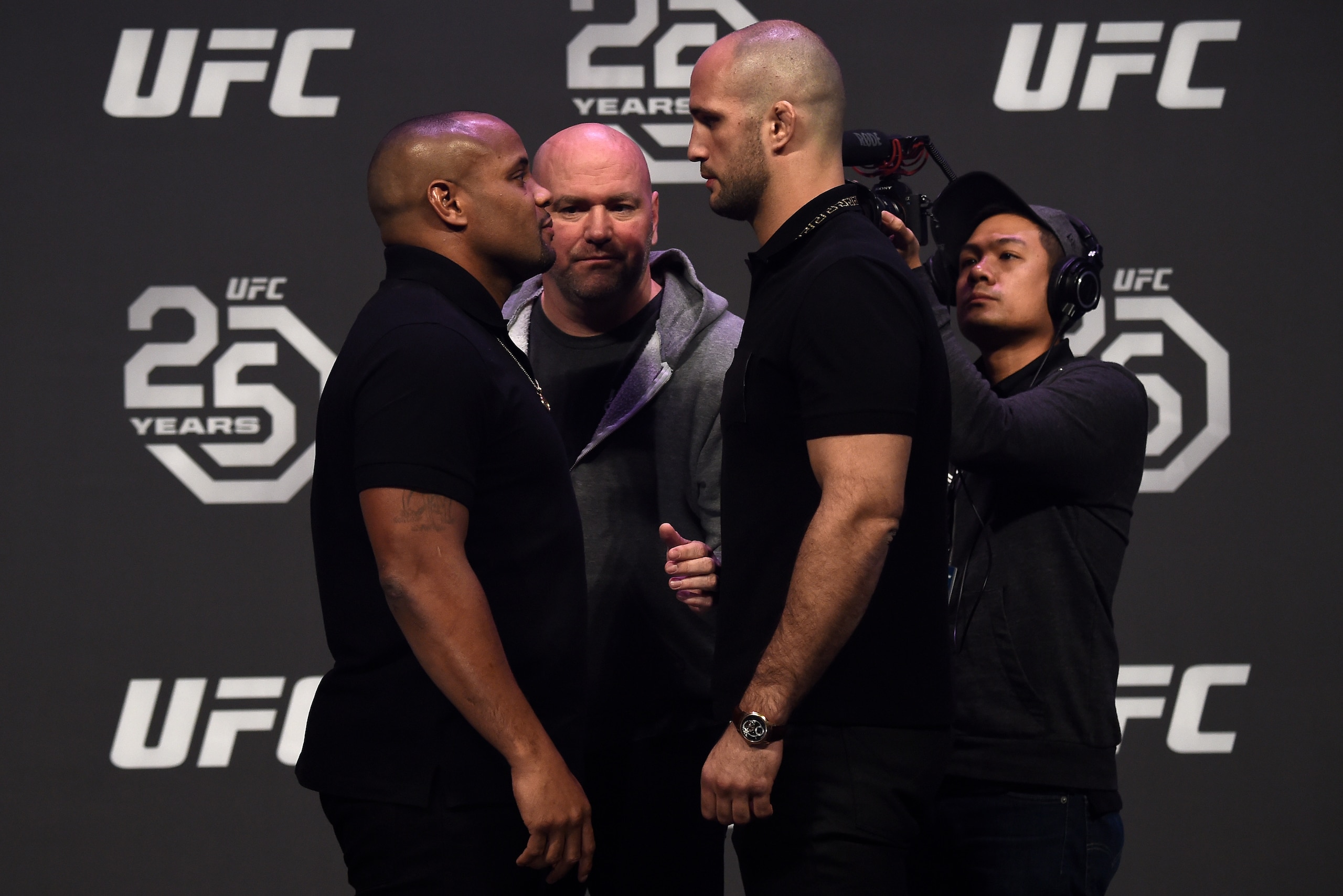 LAS VEGAS, NV - DECEMBER 29:  (L-R) Opponents Daniel Cormier and Volkan Oezdemir face off during the UFC 220 press conference inside T-Mobile Arena on December 29, 2017 in Las Vegas, Nevada. (Photo by Jeff Bottari/Zuffa LLC/Zuffa LLC via Getty Images)