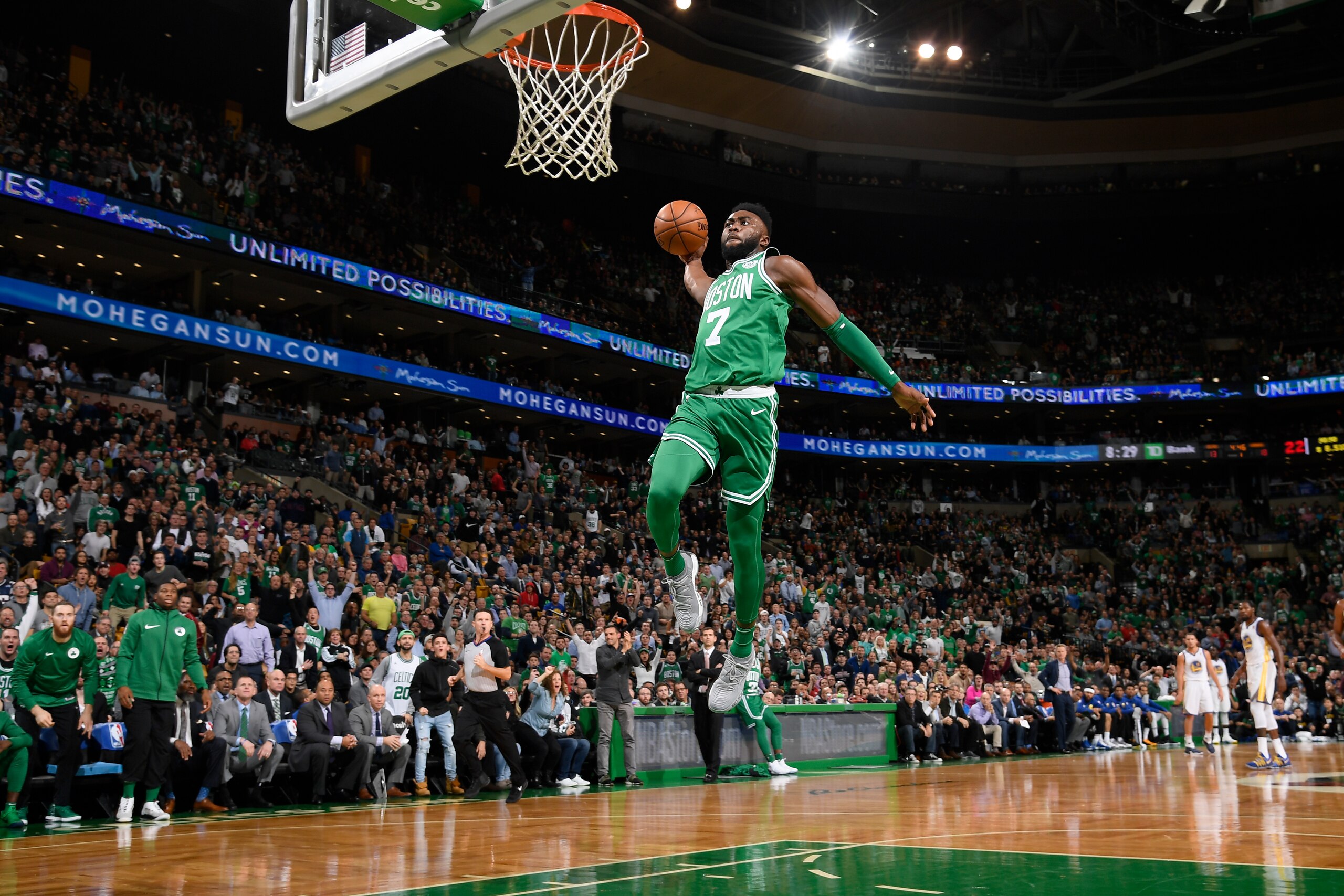 BOSTON, MA - NOVEMBER 16:  Jaylen Brown #7 of the Boston Celtics goes in to dunk the ball against the Golden State Warriors on November 16, 2017 at the TD Garden in Boston, Massachusetts.  NOTE TO USER: User expressly acknowledges and agrees that, by down
