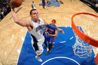 ORLANDO, FL - APRIL 12: Aaron Gordon #00 of the Orlando Magic dunks against the Detroit Pistons on April 12, 2017 at the Amway Center in Orlando, Florida. NOTE TO USER: User expressly acknowledges and agrees that, by downloading and or using this Photogra