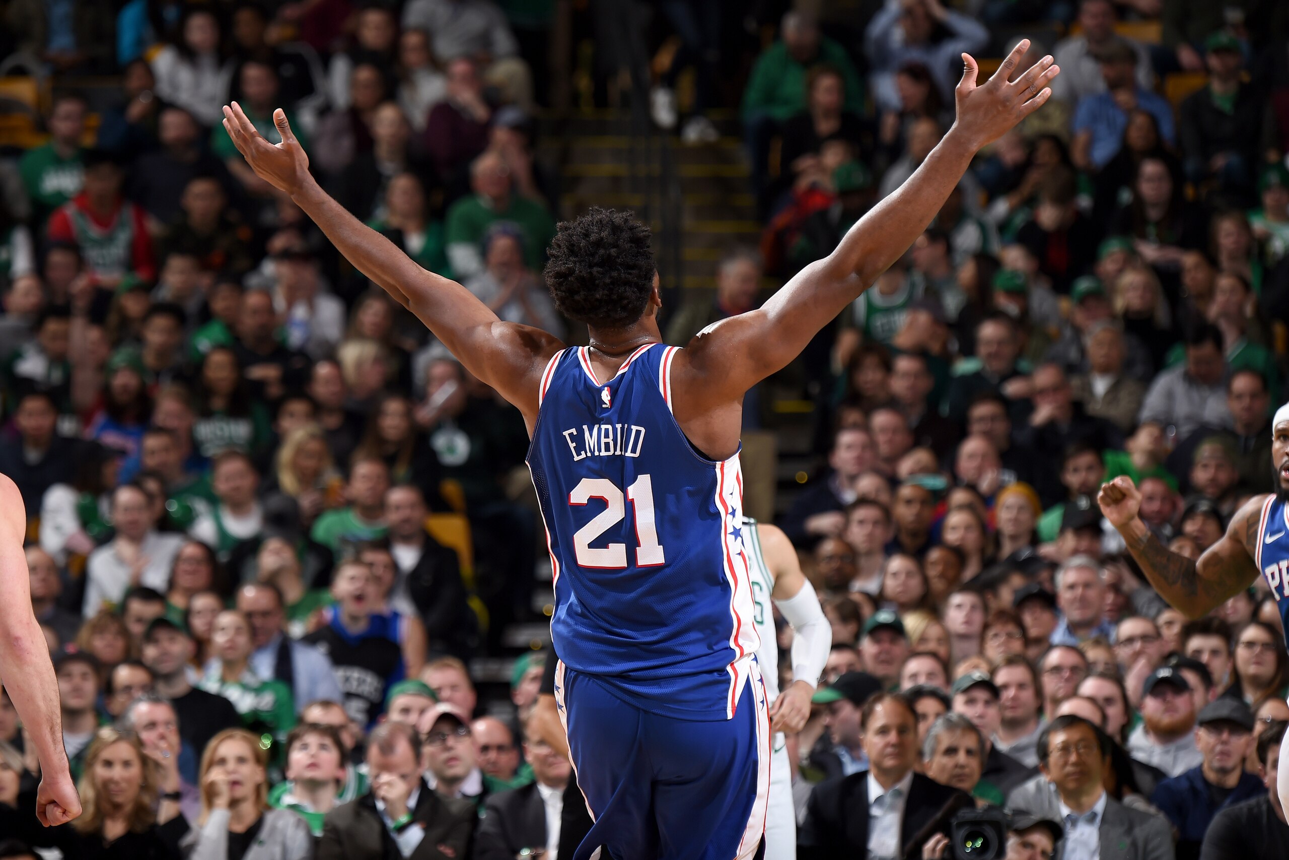 BOSTON, MA - JANUARY 18: Joel Embiid #21 of the Philadelphia 76ers during the game against the Boston Celtics on January 18, 2018 at the TD Garden in Boston, Massachusetts. NOTE TO USER: User expressly acknowledges and agrees that, by downloading and/or u