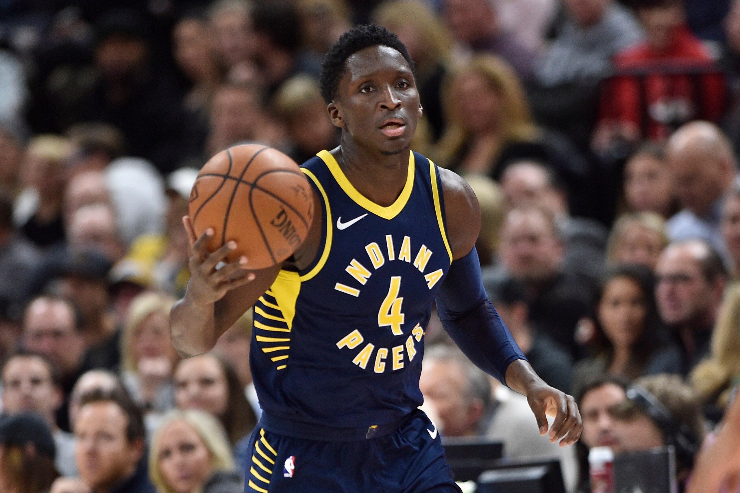 SALT LAKE CITY, UT - JANUARY 15: Victor Oladipo #4 of the Indiana Pacers brings the ball up court during a game against the Utah Jazz at Vivint Smart Home Arena on January 15, 2018 in Salt Lake City, Utah. The Indiana Pacers won 109-94. NOTE TO USER: User