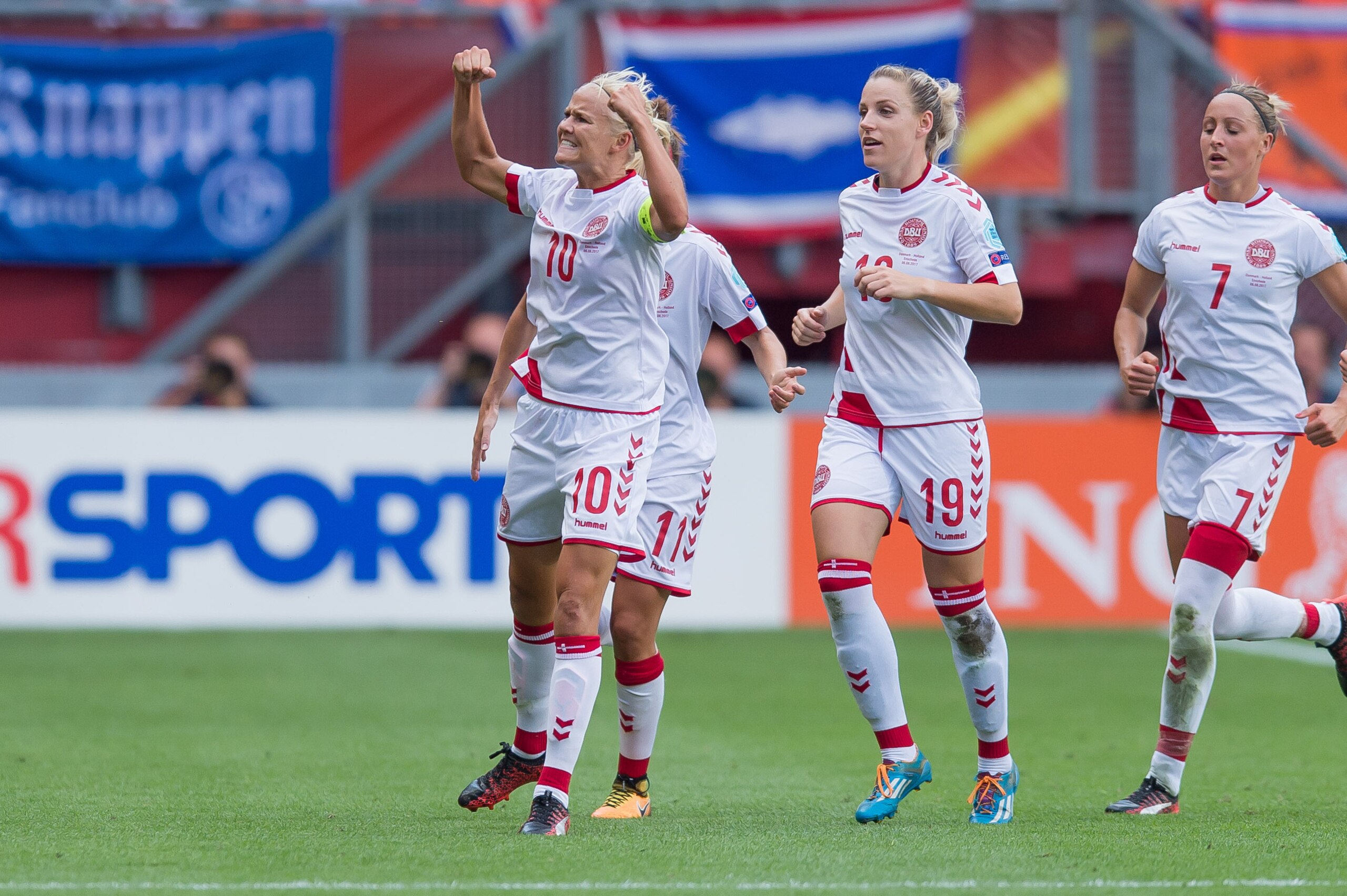 ENSCHEDE, NETHERLANDS - AUGUST 06: Pernille Harder of Denmark celebrates after scoring his team`s second goal during the UEFA Women's Euro 2017 final match between Denmark and Netherlands at De Grolsch Veste Stadium on August 6, 2017 in Enschede, Netherla