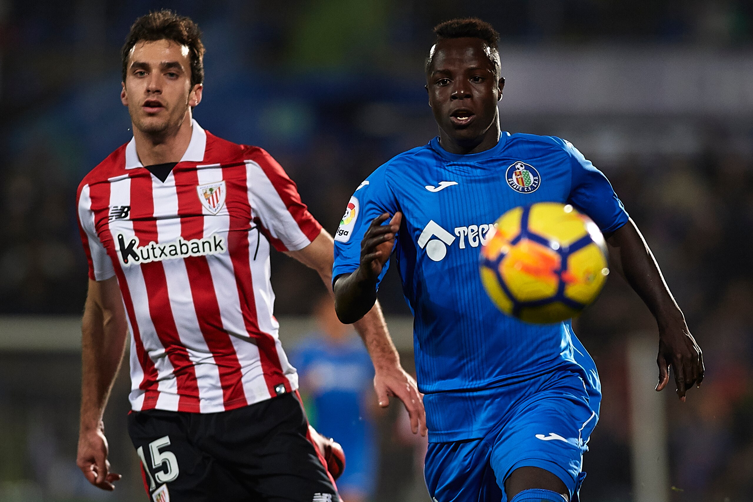 GETAFE, SPAIN - JANUARY 19:  Amath Ndiaye (R) of Getafe competes for the ball with Inigo Lekue of Athletic Club during the La Liga match between Getafe and Athletic Club at Coliseum Alfonso Perez on January 19, 2018 in Getafe, Spain.  (Photo by fotopress/