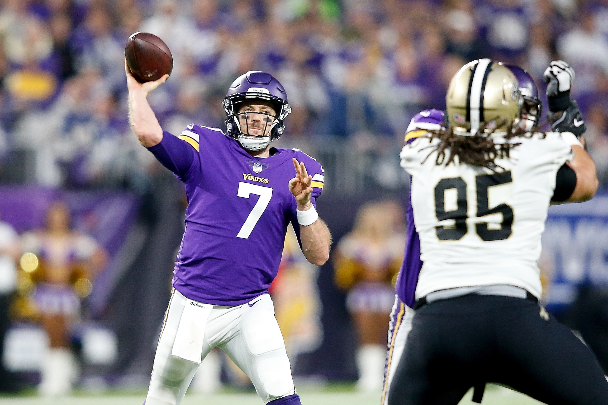 MINNEAPOLIS, MN - JANUARY 14:  Case Keenum #7 of the Minnesota Vikings throws a pass against the New Orleans Saints during the first half of the NFC Divisional Playoff game at U.S. Bank Stadium on January 14, 2018 in Minneapolis, Minnesota.  (Photo by Jam