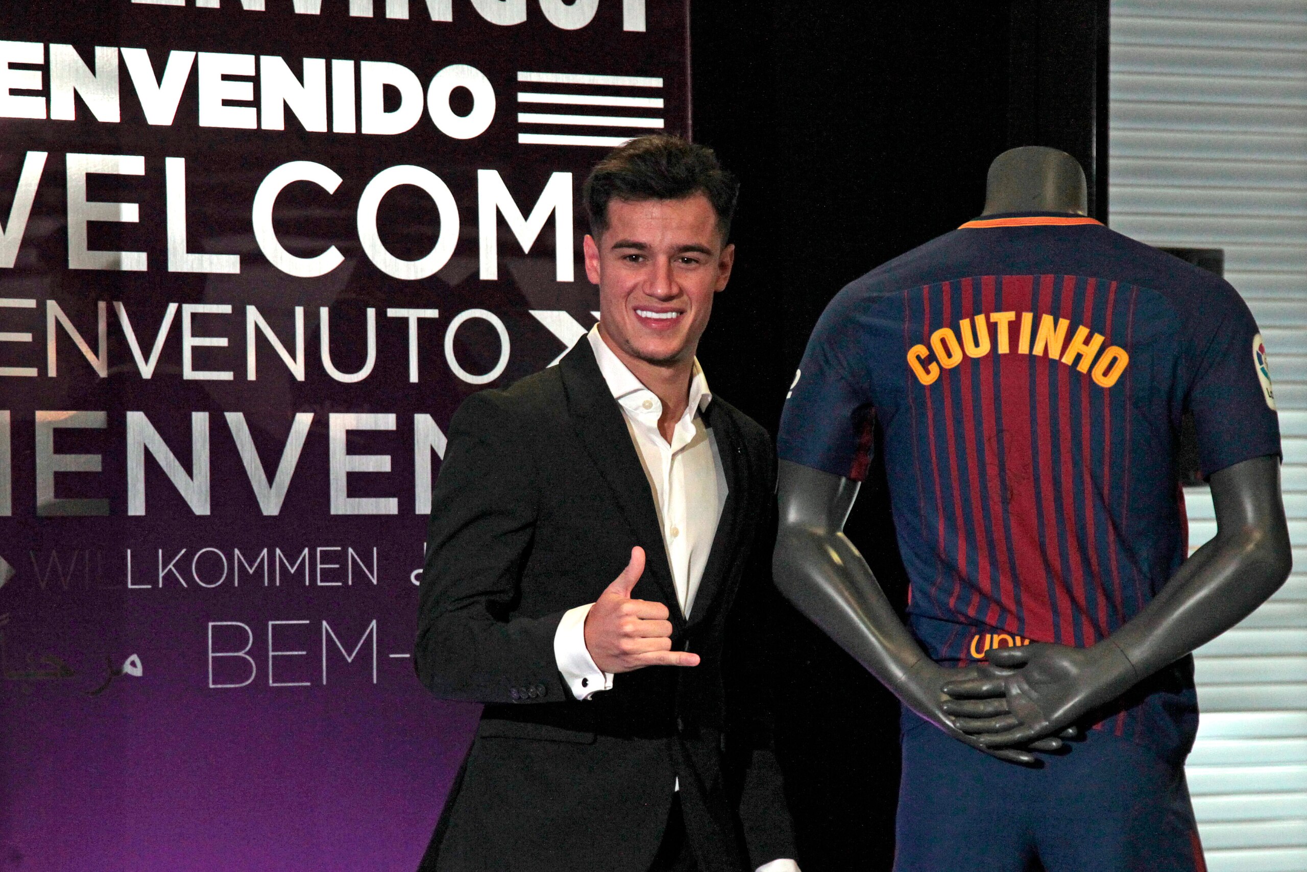 BARCELONA, SPAIN - JANUARY 08: New Barcelona signing Philippe Coutinho poses to the media at Camp Nou on January 8, 2018 in Barcelona, Spain. The Brazilian player signed from Liverpool, has agreed a deal with the Catalan club until 2023 season.   (Photo b