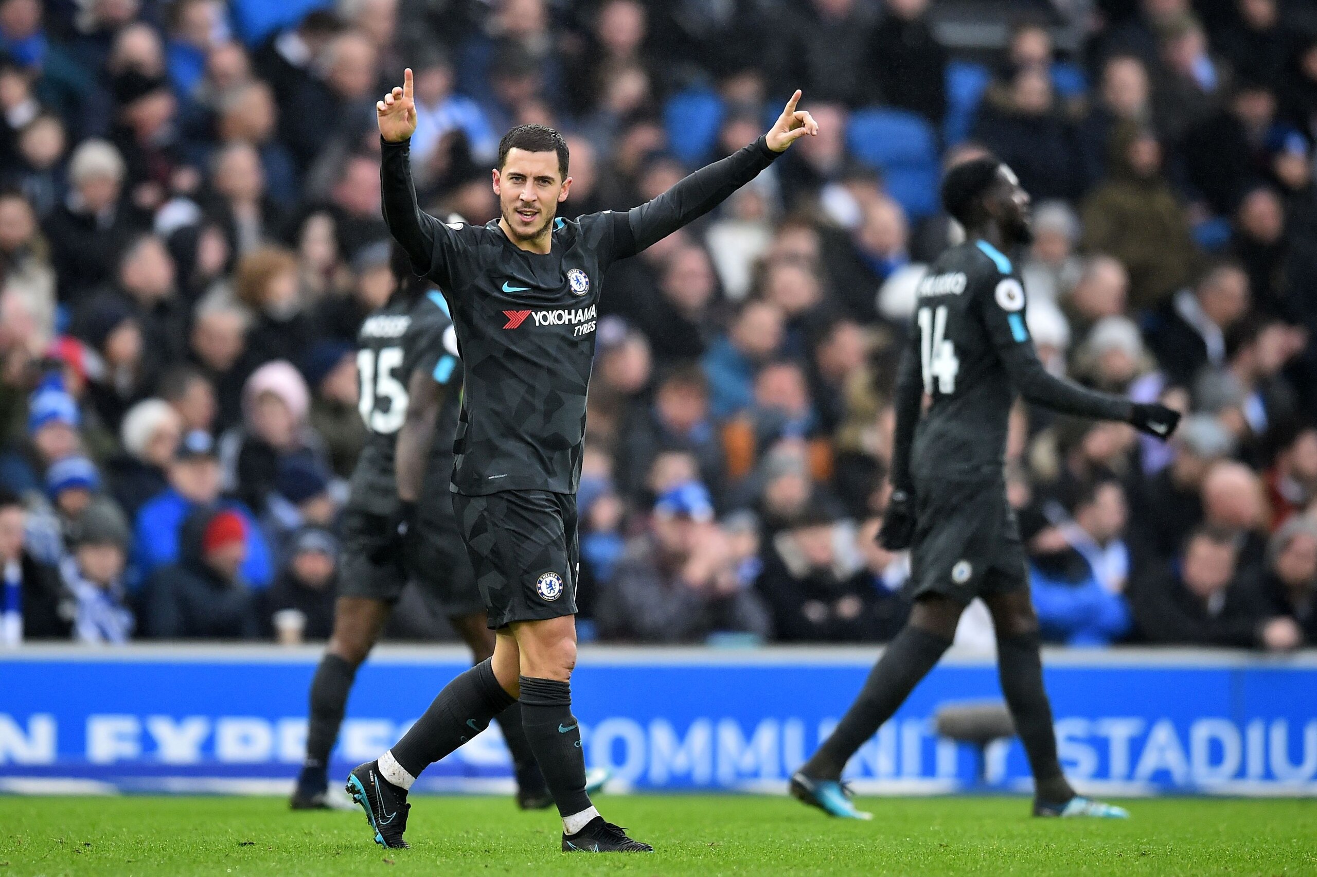 Chelsea's Belgian midfielder Eden Hazard celebrates after scoring their third goal during the English Premier League football match between Brighton and Hove Albion and Chelsea at the American Express Community Stadium in Brighton, southern England on Jan
