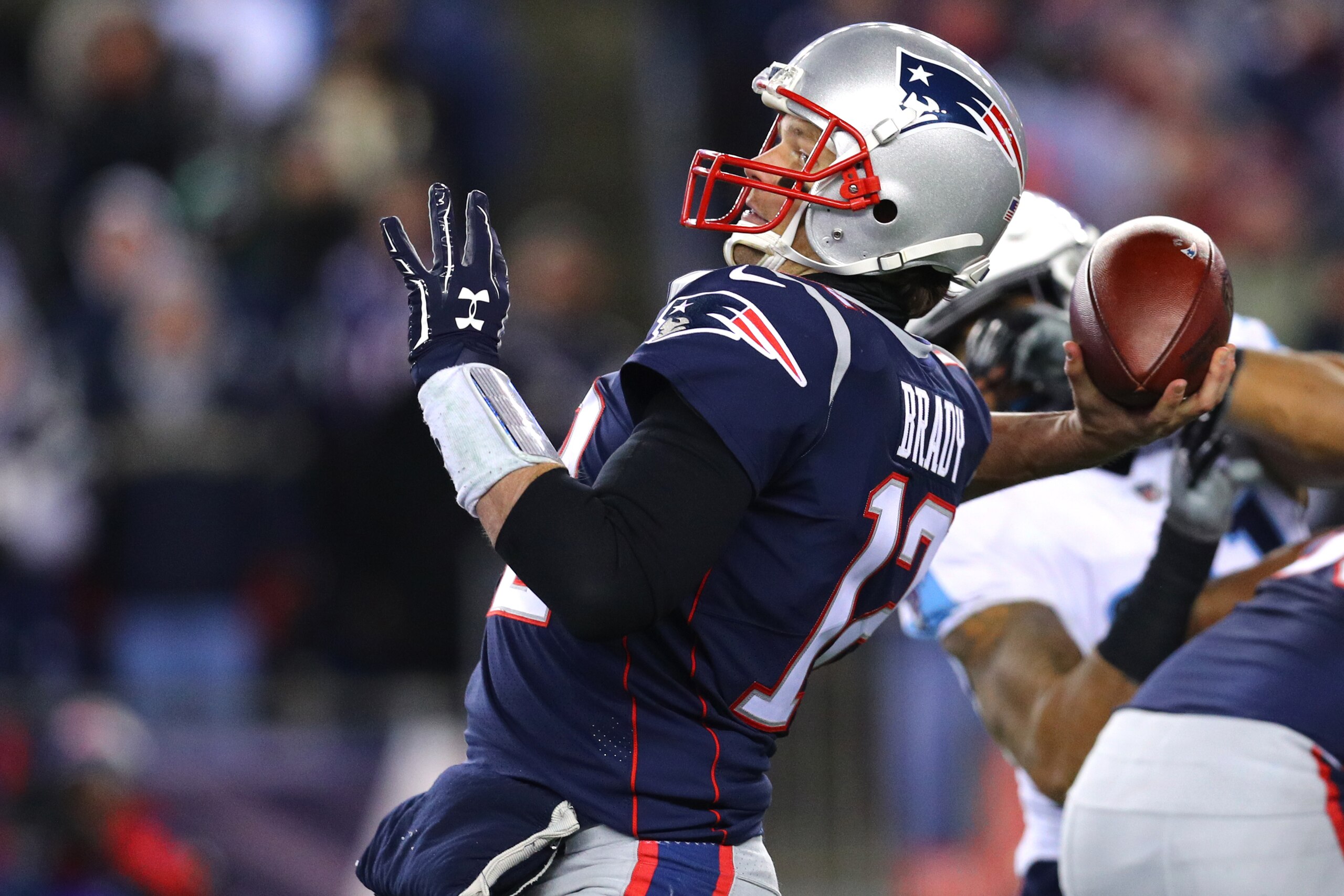 FOXBOROUGH, MA - JANUARY 13: Tom Brady #12 of the New England Patriots makes pass during the AFC Divisional Playoff game against the Tennessee Titans at Gillette Stadium on January 13, 2018 in Foxborough, Massachusetts. (Photo by Maddie Meyer/Getty Images