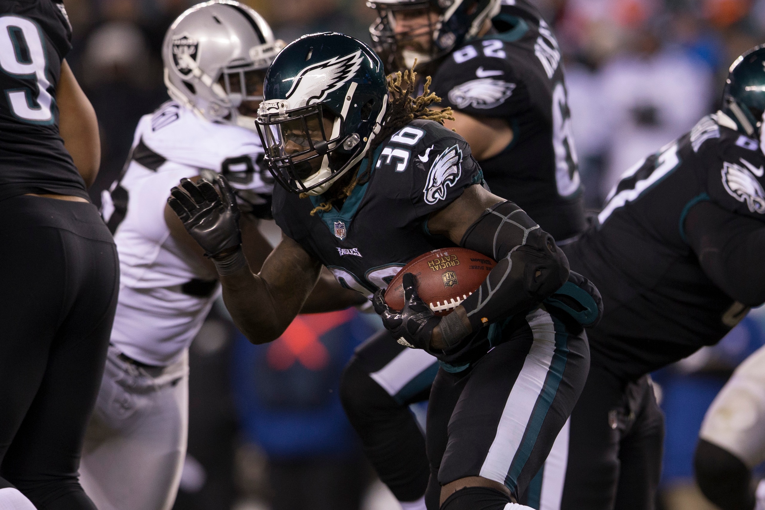 PHILADELPHIA, PA - DECEMBER 25: Jay Ajayi #36 of the Philadelphia Eagles runs with the ball against the Oakland Raiders at Lincoln Financial Field on December 25, 2017 in Philadelphia, Pennsylvania. (Photo by Mitchell Leff/Getty Images)