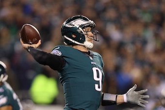 PHILADELPHIA, PA - JANUARY 21:  Nick Foles #9 of the Philadelphia Eagles looks to pass during the first quarter against the Minnesota Vikings in the NFC Championship game at Lincoln Financial Field on January 21, 2018 in Philadelphia, Pennsylvania.  (Phot