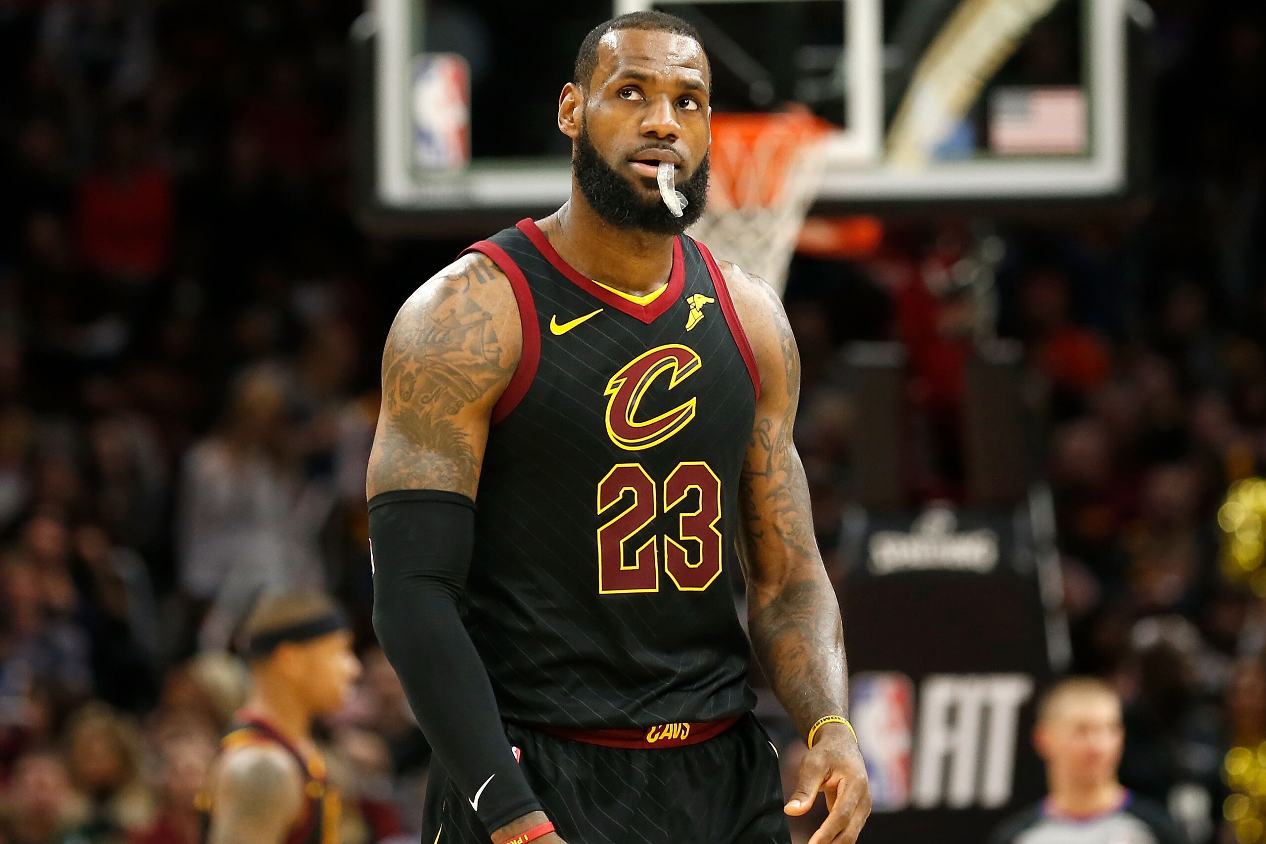 CLEVELAND, OH - JANUARY 20:  LeBron James #23 of the Cleveland Cavaliers looks up at the scoreboard during a stoppage in play in the second quarter of the game against the Oklahoma City Thunder at Quicken Loans Arena on January 20, 2018 in Cleveland, Ohio
