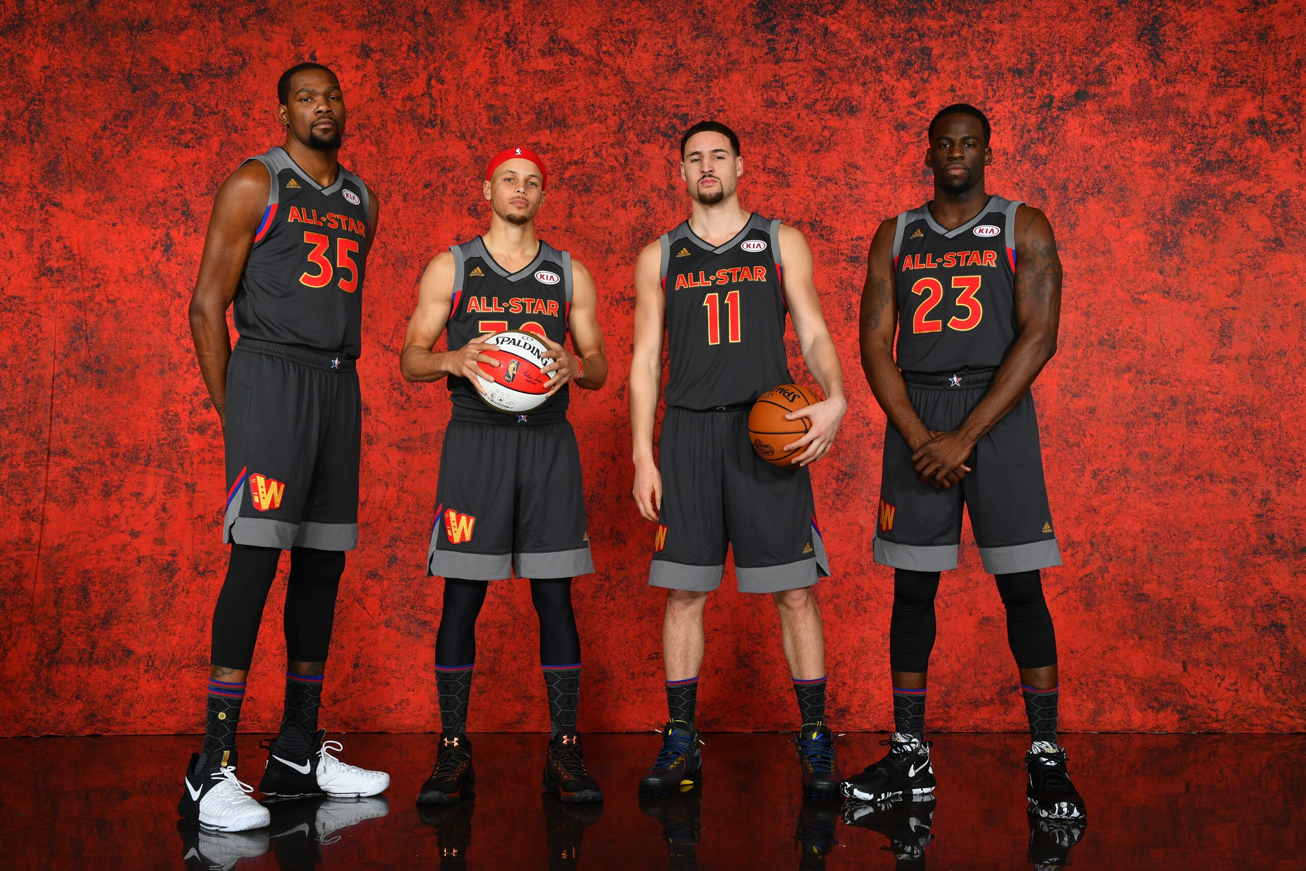 NEW ORLEANS, LA - FEBRUARY 19:  Kevin Durant #35, Stephen Curry #30, Klay Thompson #11 and Draymond Green #23 of the of the Western Conference All-Star Team pose for a portrait during the NBA All-Star Game as part of 2017 All-Star Weekend at the Smoothie 